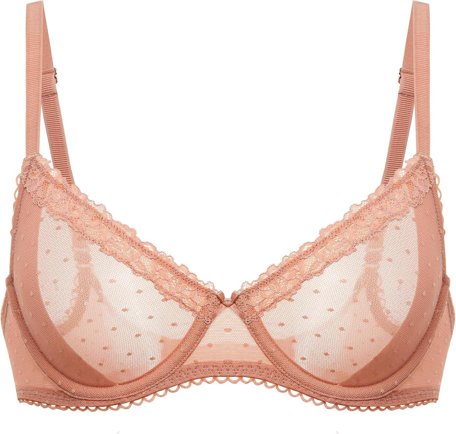 imageDOBREVA Womens Balconette Lace Bra See Through Demi Sheer Mesh Plus Size UnderwireCream Coffee