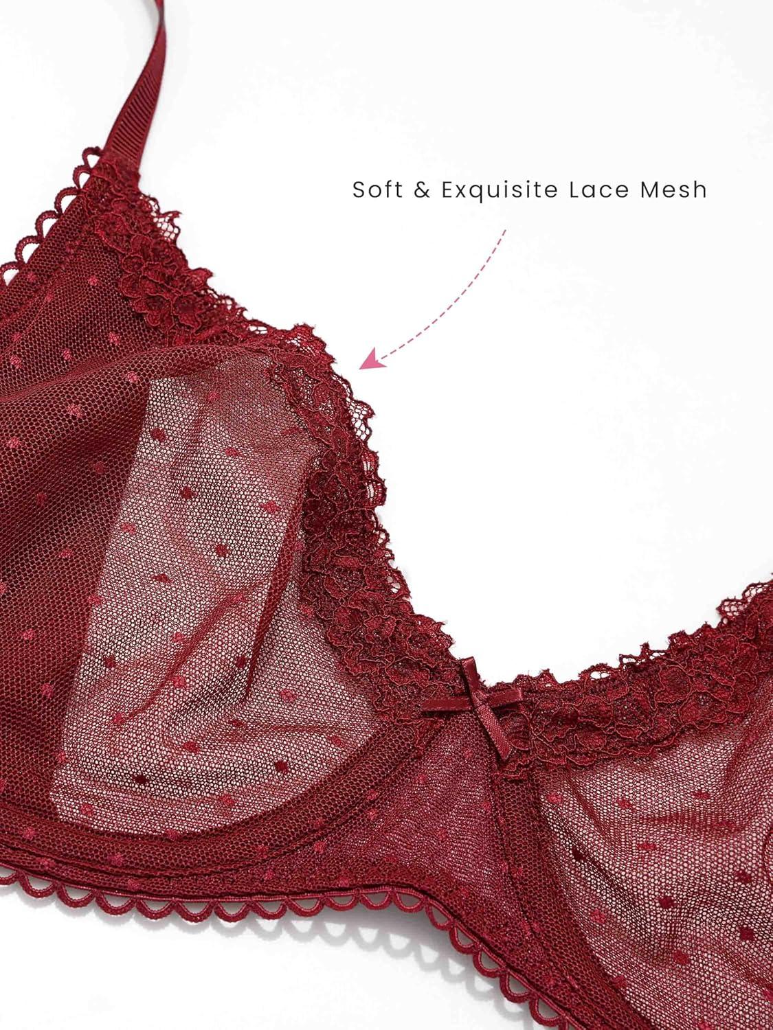 imageDOBREVA Womens Balconette Lace Bra See Through Demi Sheer Mesh Plus Size UnderwireDark Red