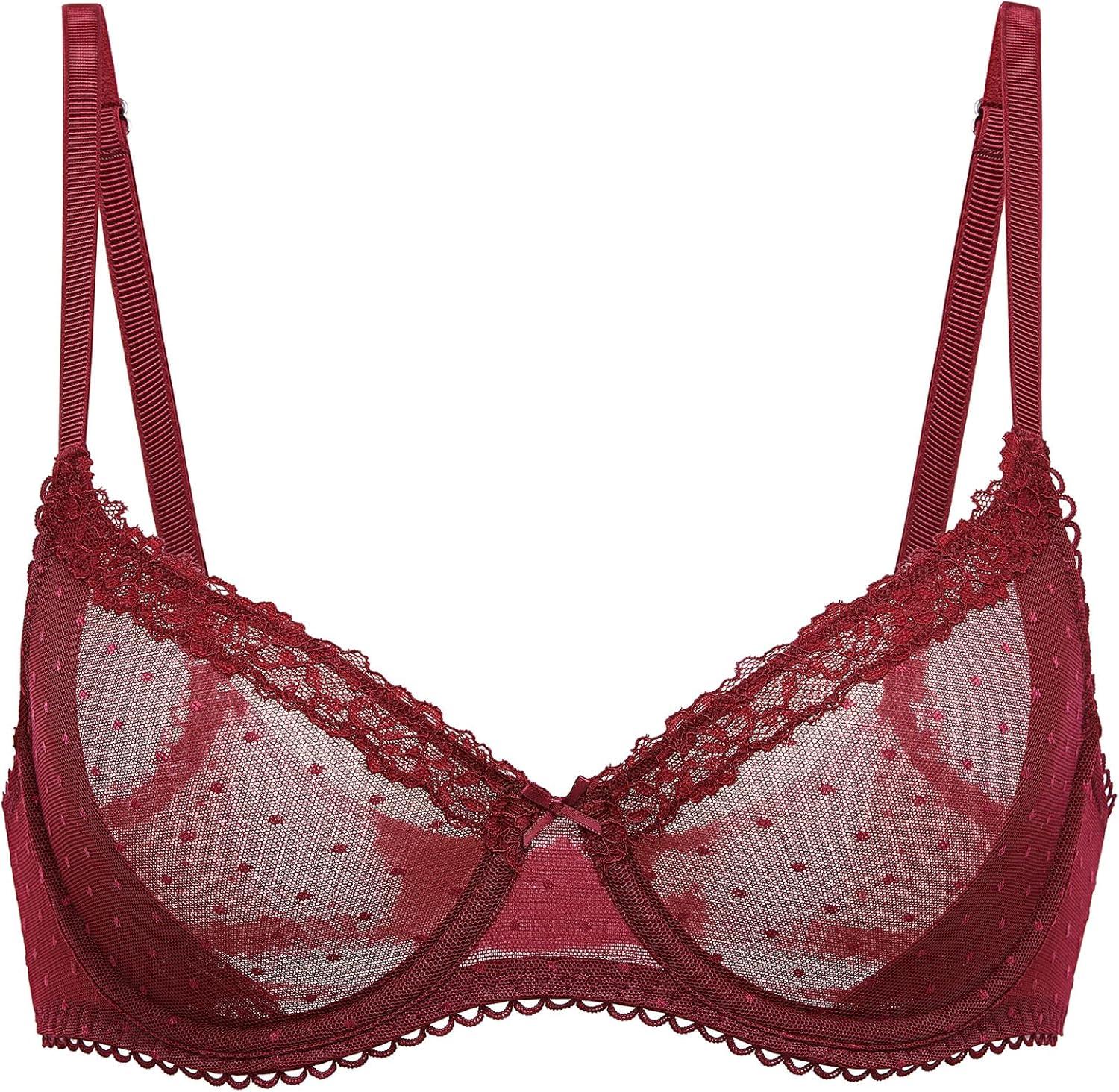 imageDOBREVA Womens Balconette Lace Bra See Through Demi Sheer Mesh Plus Size UnderwireDark Red