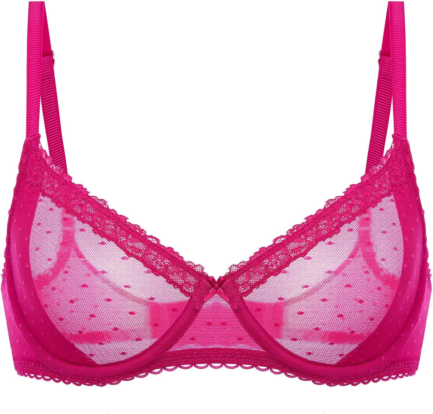 imageDOBREVA Womens Balconette Lace Bra See Through Demi Sheer Mesh Plus Size UnderwireGranita Pink