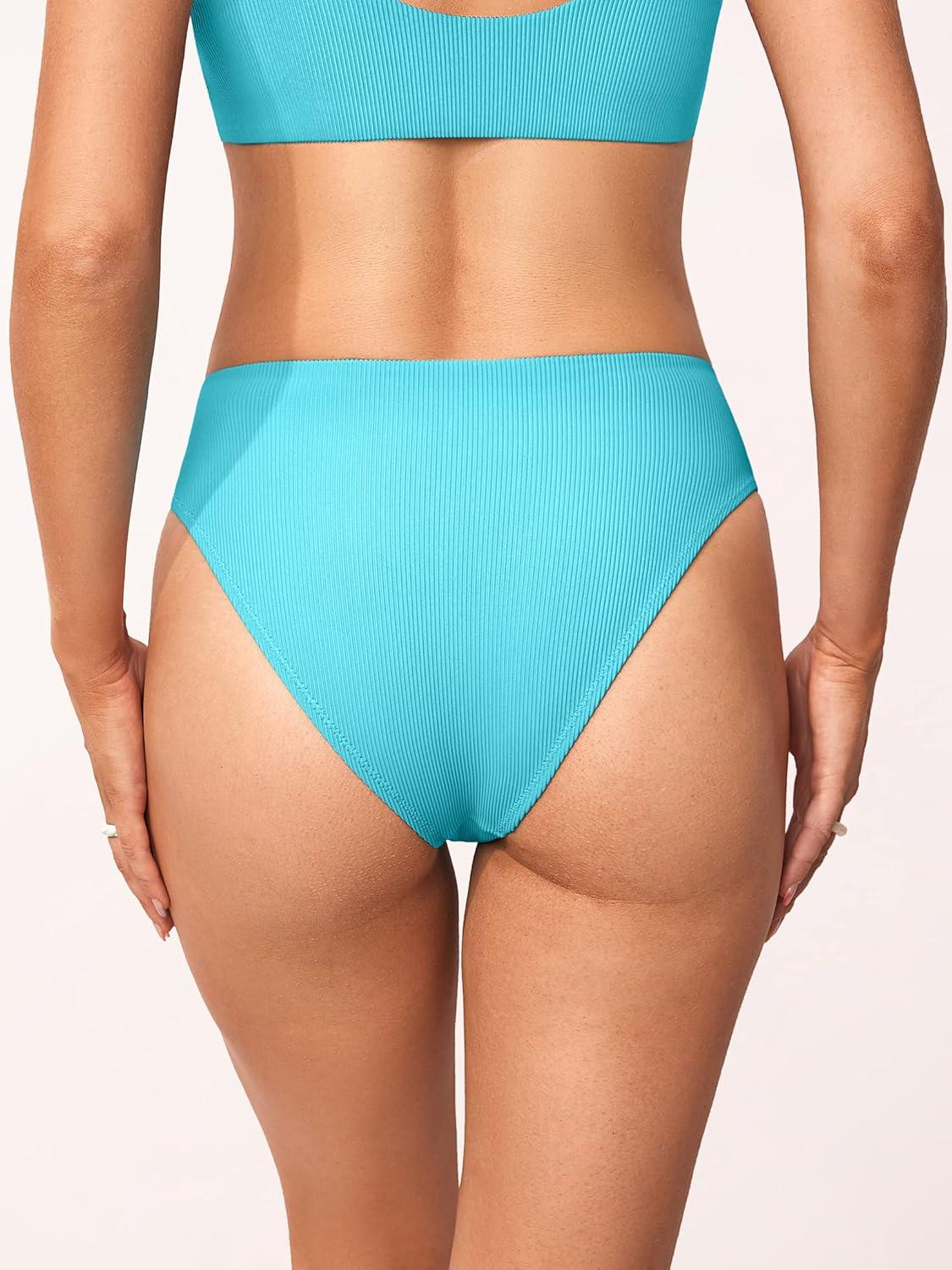 imageDOBREVA Womens High Waisted Bikini Bottoms High Cut Swimsuit Ribbed Bathing Suit Bottom Swim BriefsTurquoise