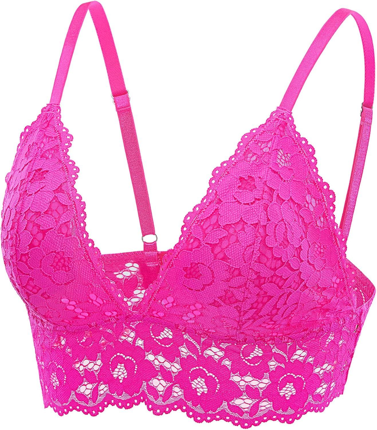 imageDOBREVA Womens Lace Padded Bralette Plunge Wireless Longline Bra for A to D CupsGlitter Pink