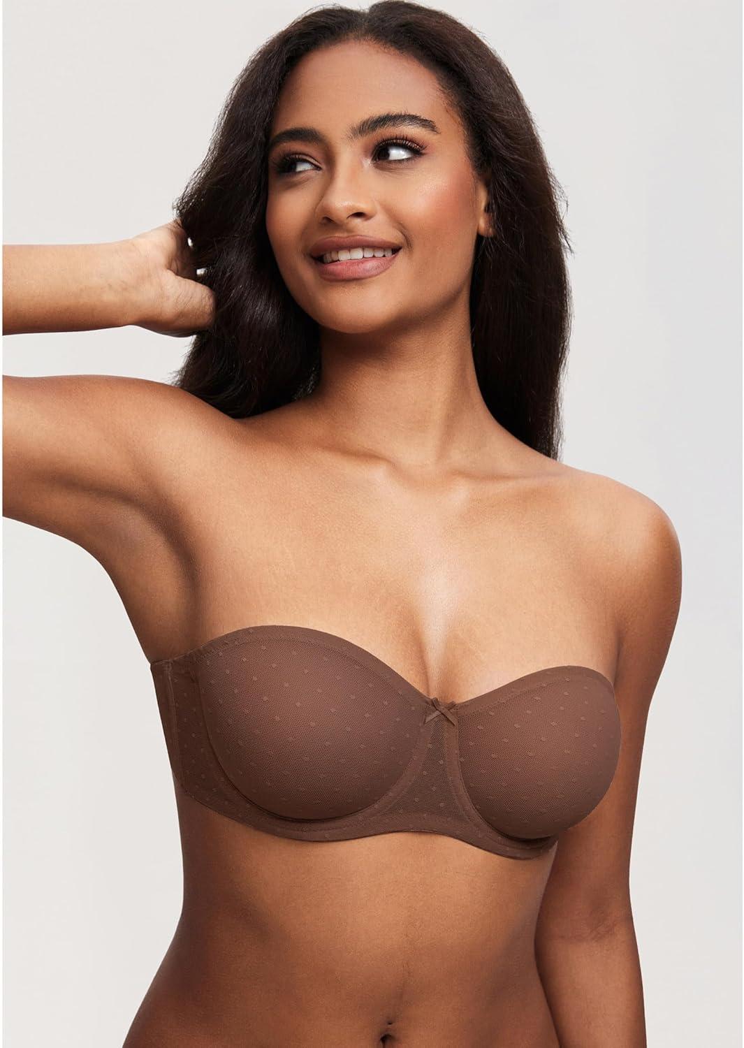 imageDOBREVA Womens Mesh Strapless Bra Sheer Unlined See Through Underwire Bras Plus SizeHazelnut