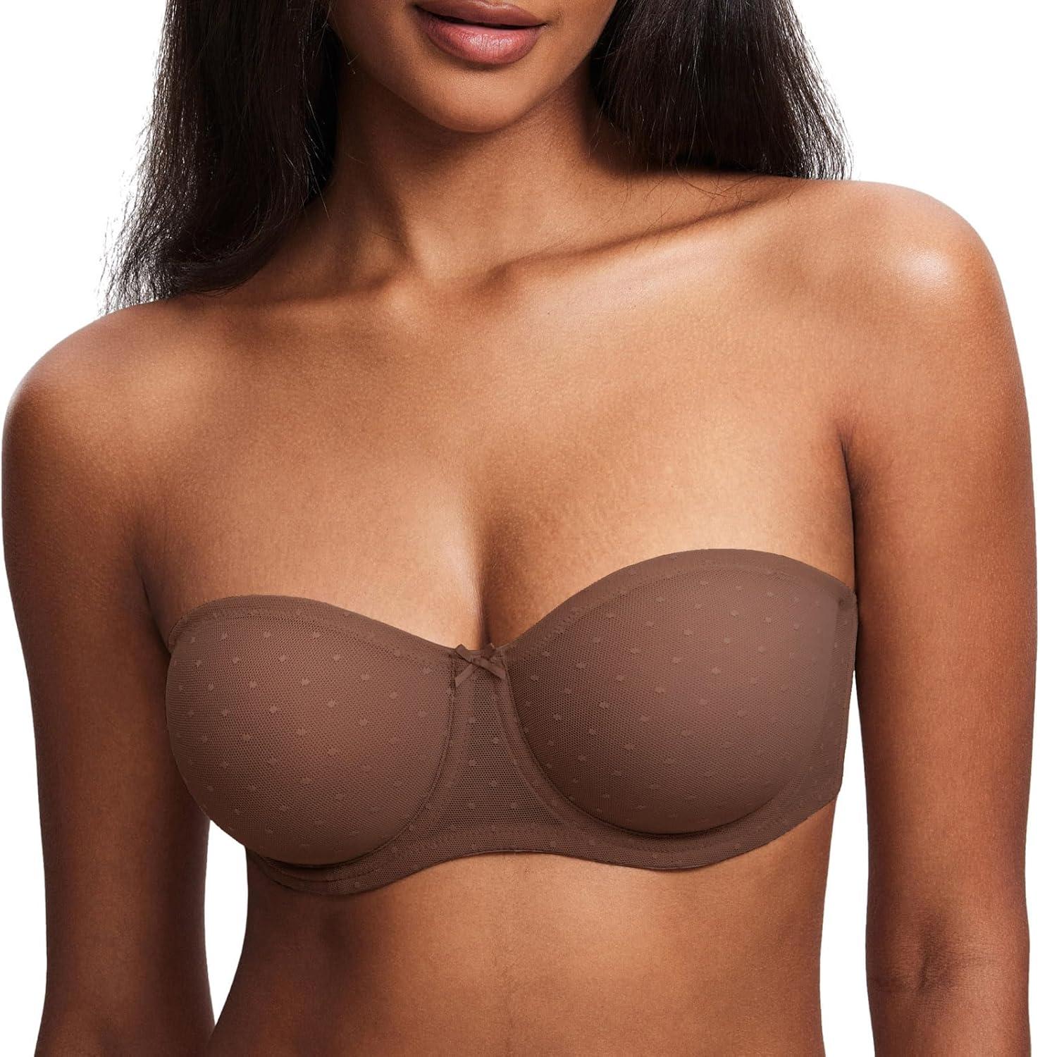 imageDOBREVA Womens Mesh Strapless Bra Sheer Unlined See Through Underwire Bras Plus SizeHazelnut