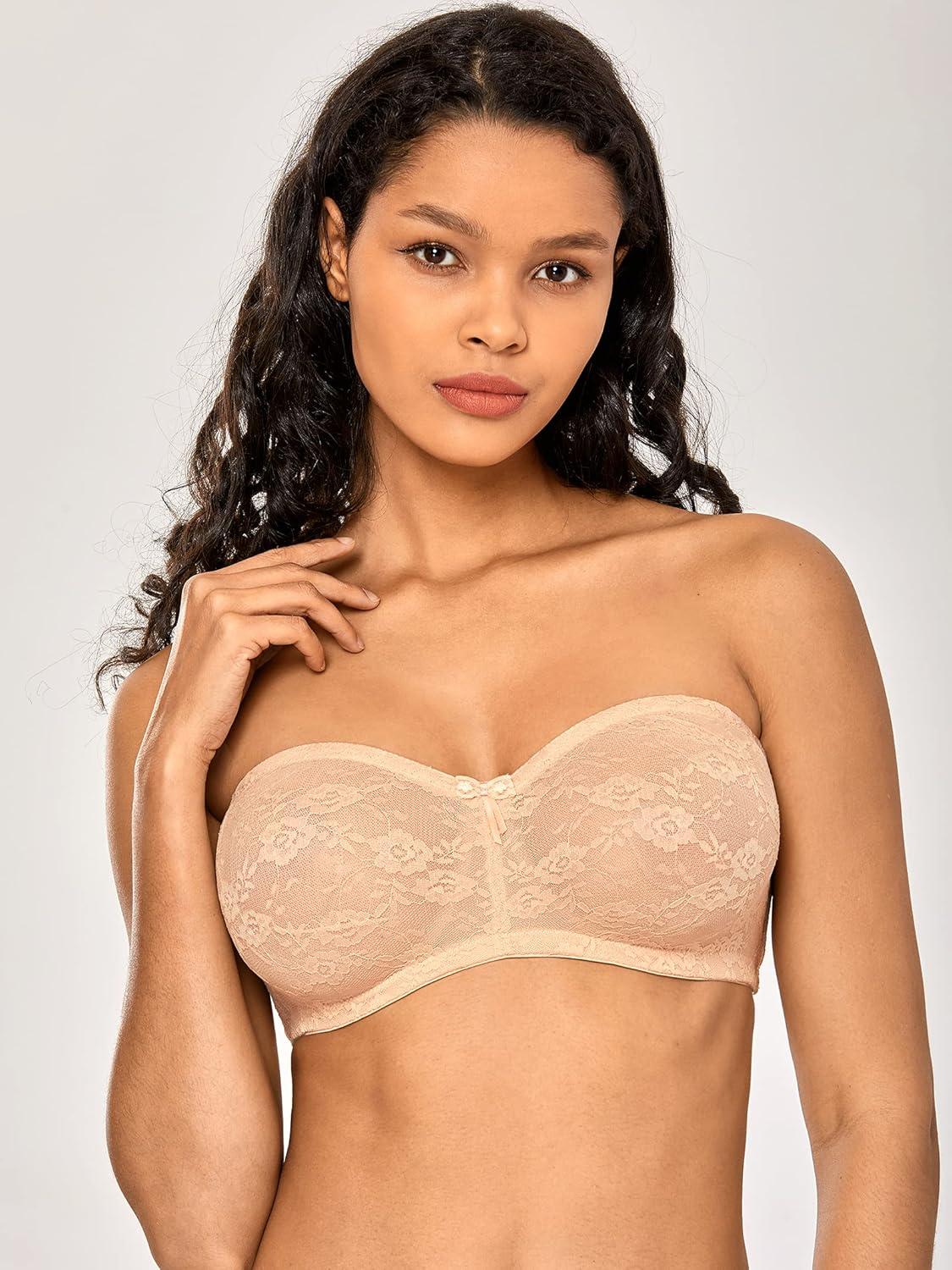 imageDOBREVA Womens No Padding Strapless Lace Bra Underwire Multiway SeeThroughBeige