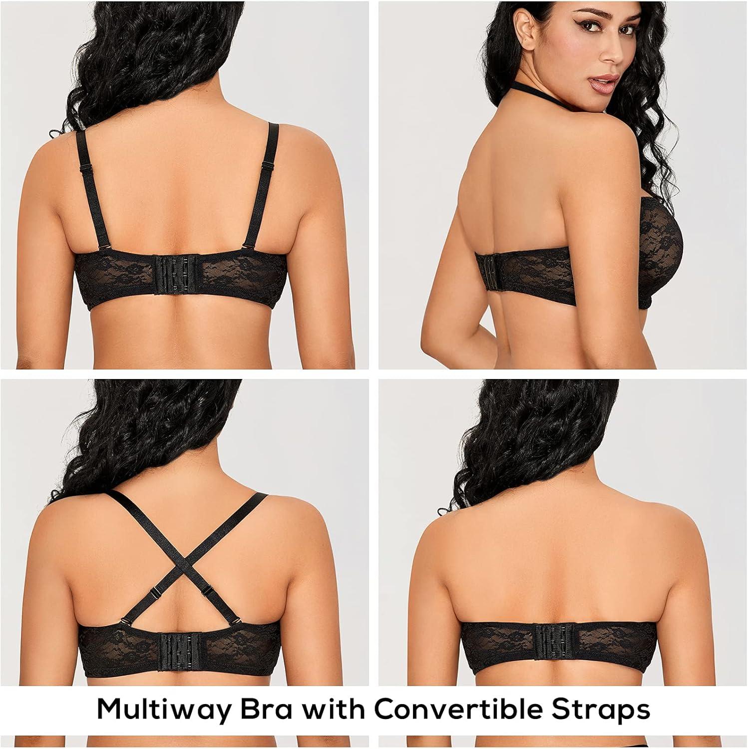 imageDOBREVA Womens No Padding Strapless Lace Bra Underwire Multiway SeeThroughBlack