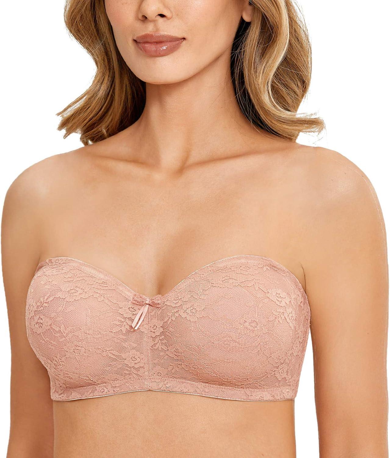imageDOBREVA Womens No Padding Strapless Lace Bra Underwire Multiway SeeThroughCream Coffee