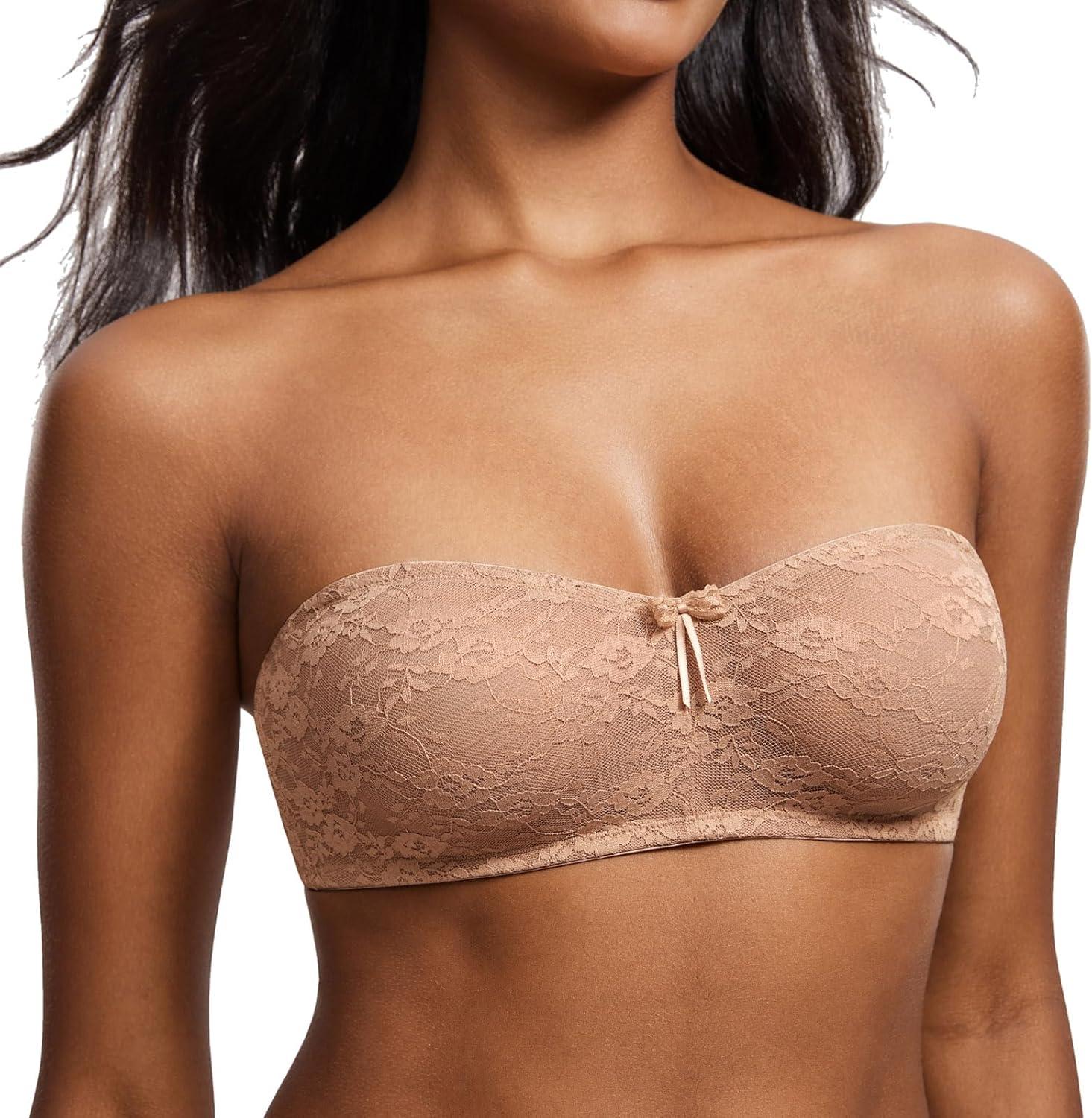 imageDOBREVA Womens No Padding Strapless Lace Bra Underwire Multiway SeeThroughGravel Beige