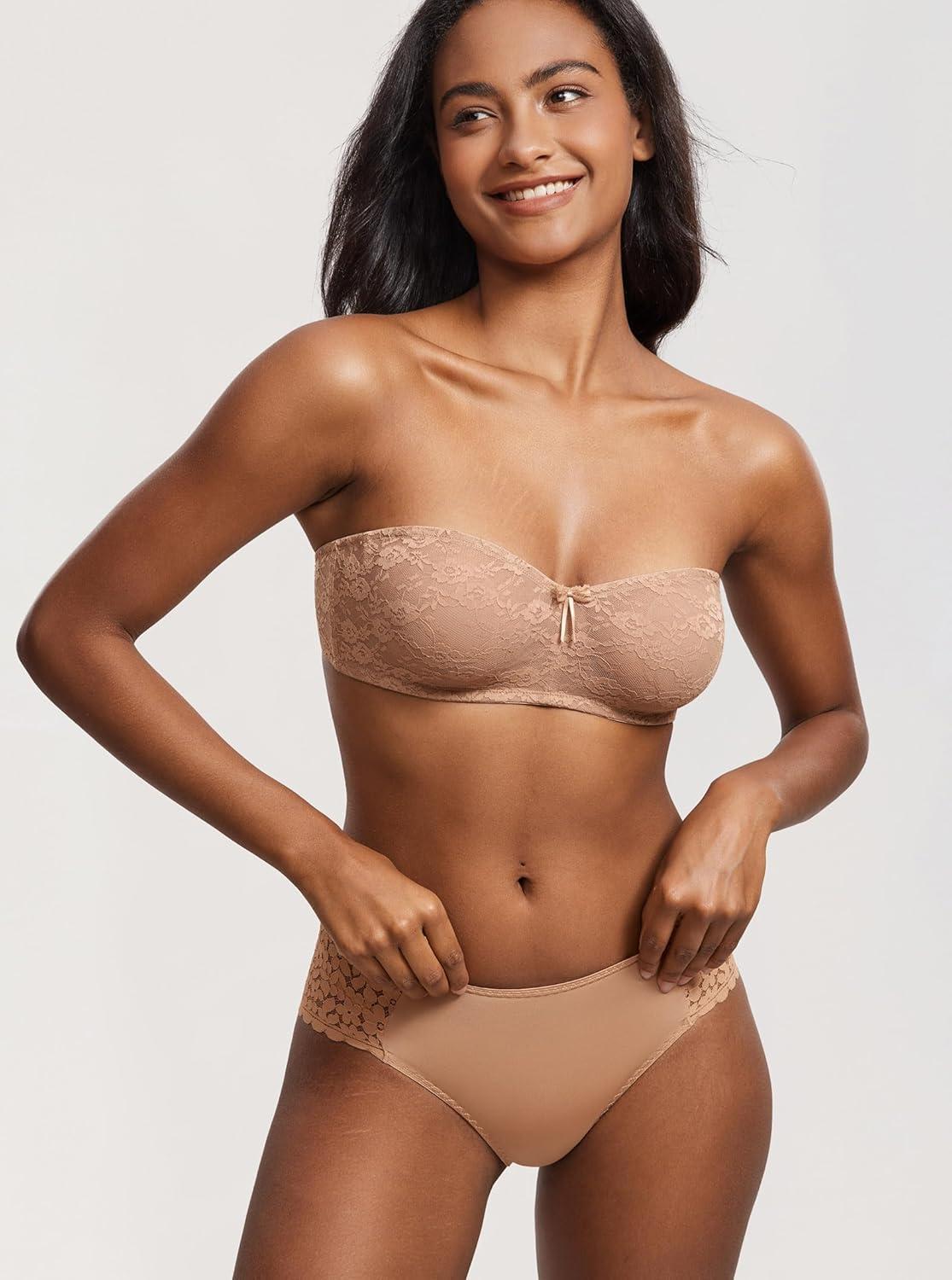 imageDOBREVA Womens No Padding Strapless Lace Bra Underwire Multiway SeeThroughGravel Beige