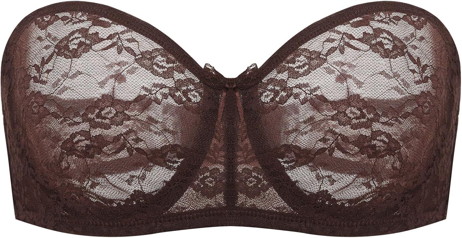 imageDOBREVA Womens No Padding Strapless Lace Bra Underwire Multiway SeeThroughHazelnut