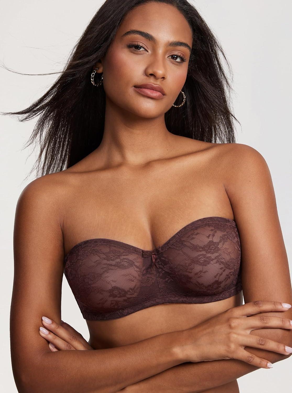 imageDOBREVA Womens No Padding Strapless Lace Bra Underwire Multiway SeeThroughHazelnut