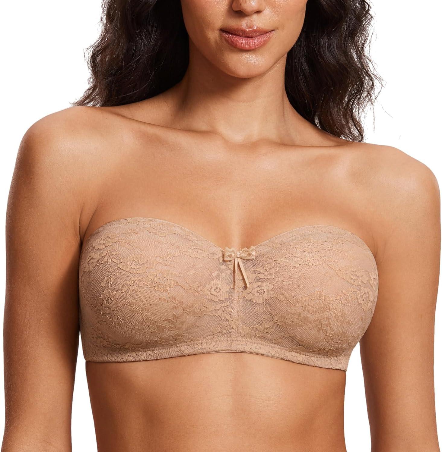 imageDOBREVA Womens No Padding Strapless Lace Bra Underwire Multiway SeeThroughNatural