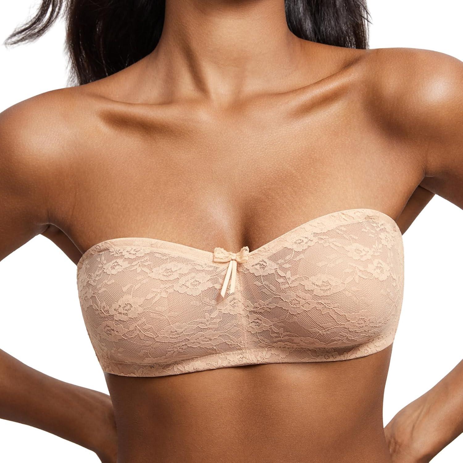 imageDOBREVA Womens No Padding Strapless Lace Bra Underwire Multiway SeeThroughWarm Beige