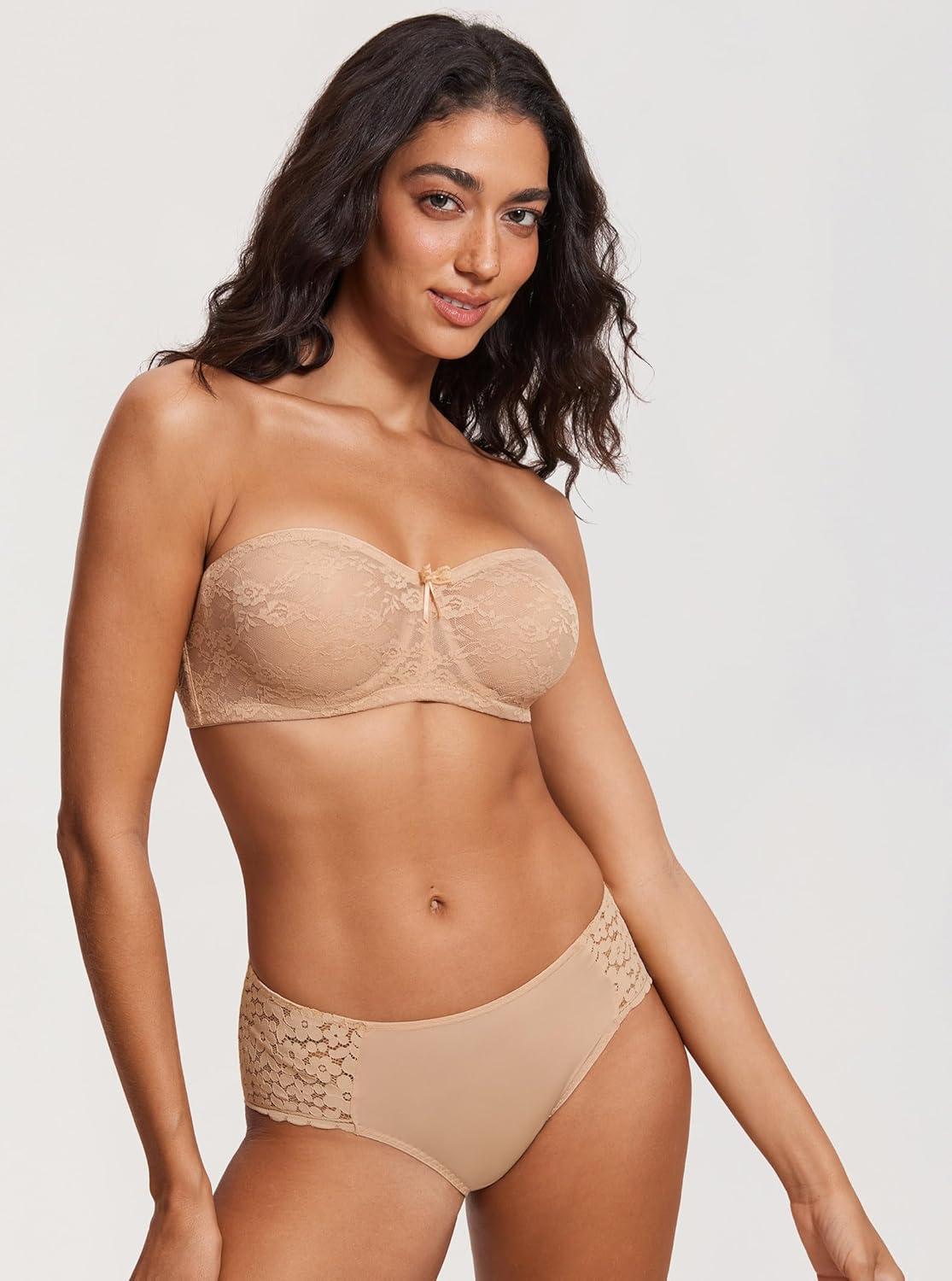 imageDOBREVA Womens No Padding Strapless Lace Bra Underwire Multiway SeeThroughWarm Beige