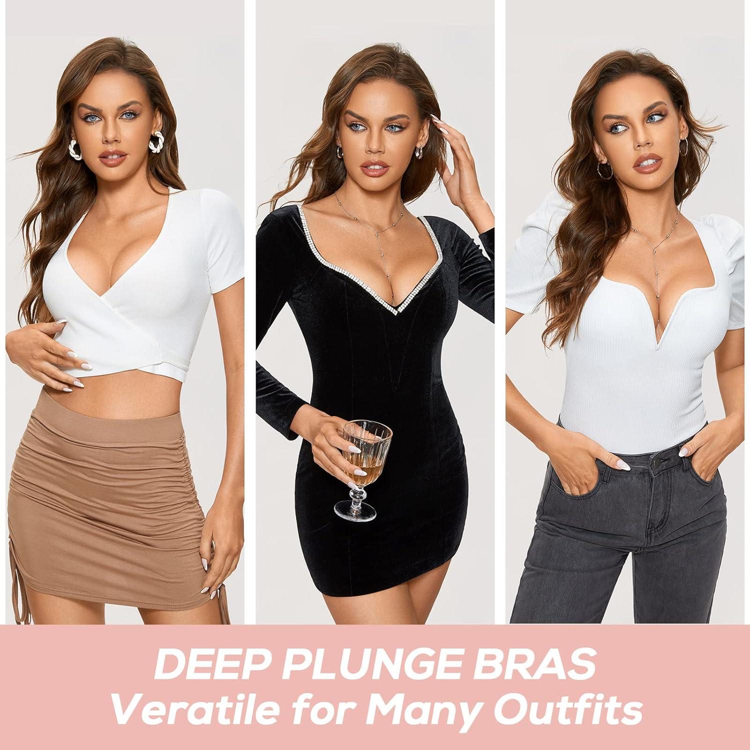 imageDOBREVA Womens Plunge Bra Deep V Sexy Underwire Low Cut Bras T Shirt Cleavage Lightly PaddedWhite