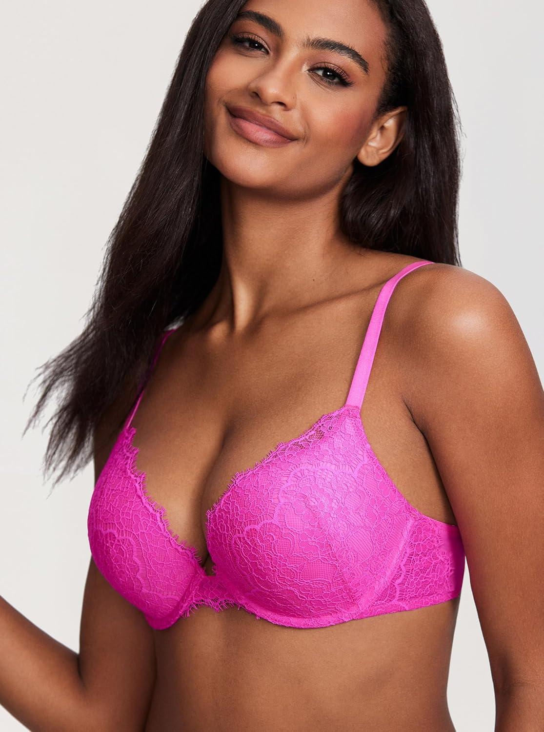 imageDOBREVA Womens Push Up Bra Eyelash Lace Sexy Cleavage Underwire Support Plunge BrasBright Fuchsia