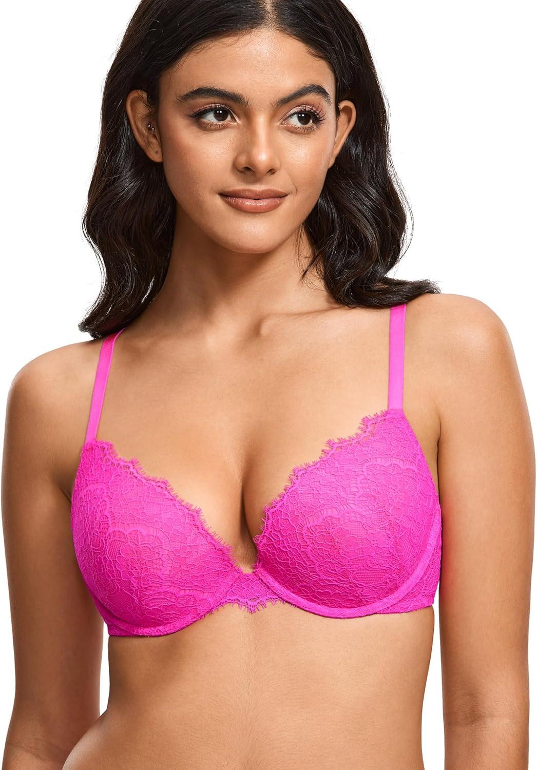 imageDOBREVA Womens Push Up Bra Eyelash Lace Sexy Cleavage Underwire Support Plunge BrasBright Fuchsia