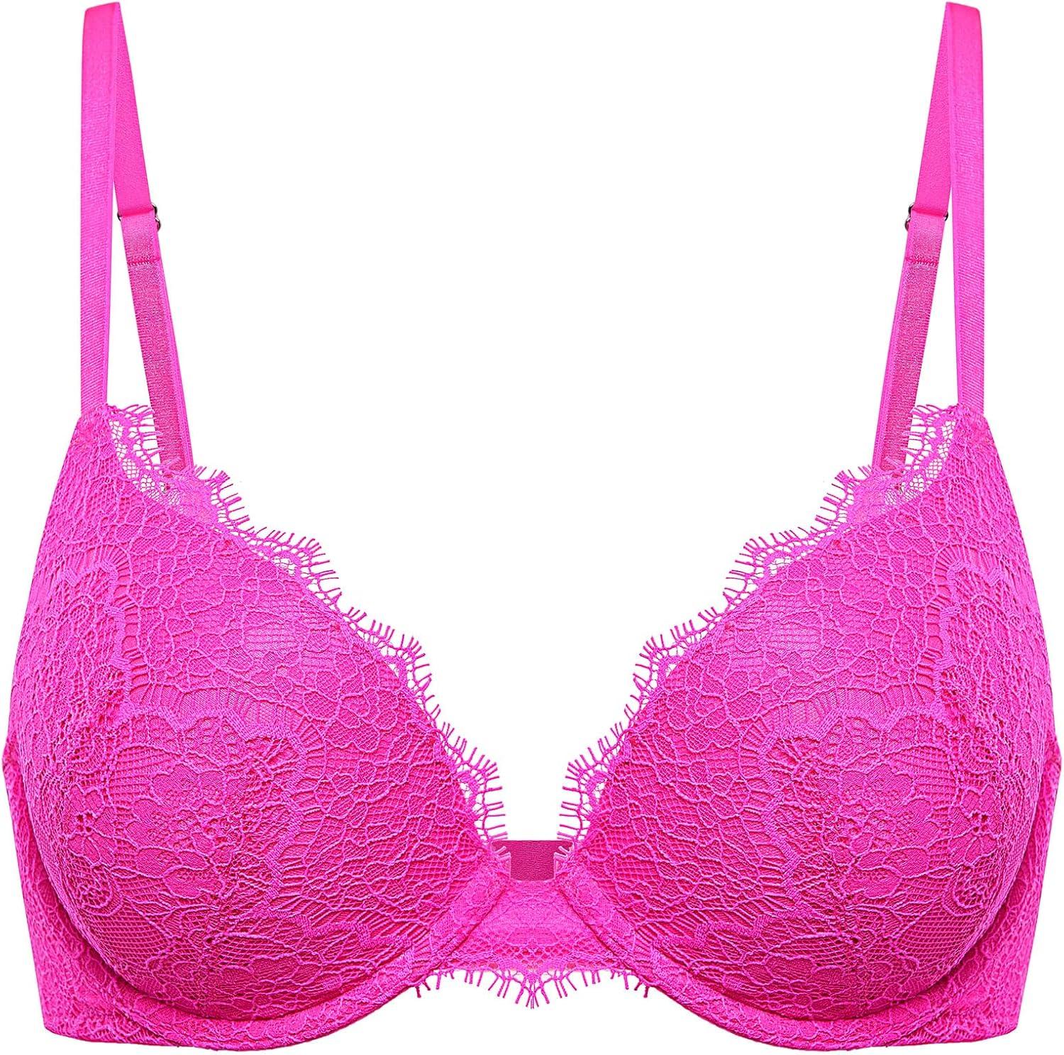 imageDOBREVA Womens Push Up Bra Eyelash Lace Sexy Cleavage Underwire Support Plunge BrasBright Fuchsia