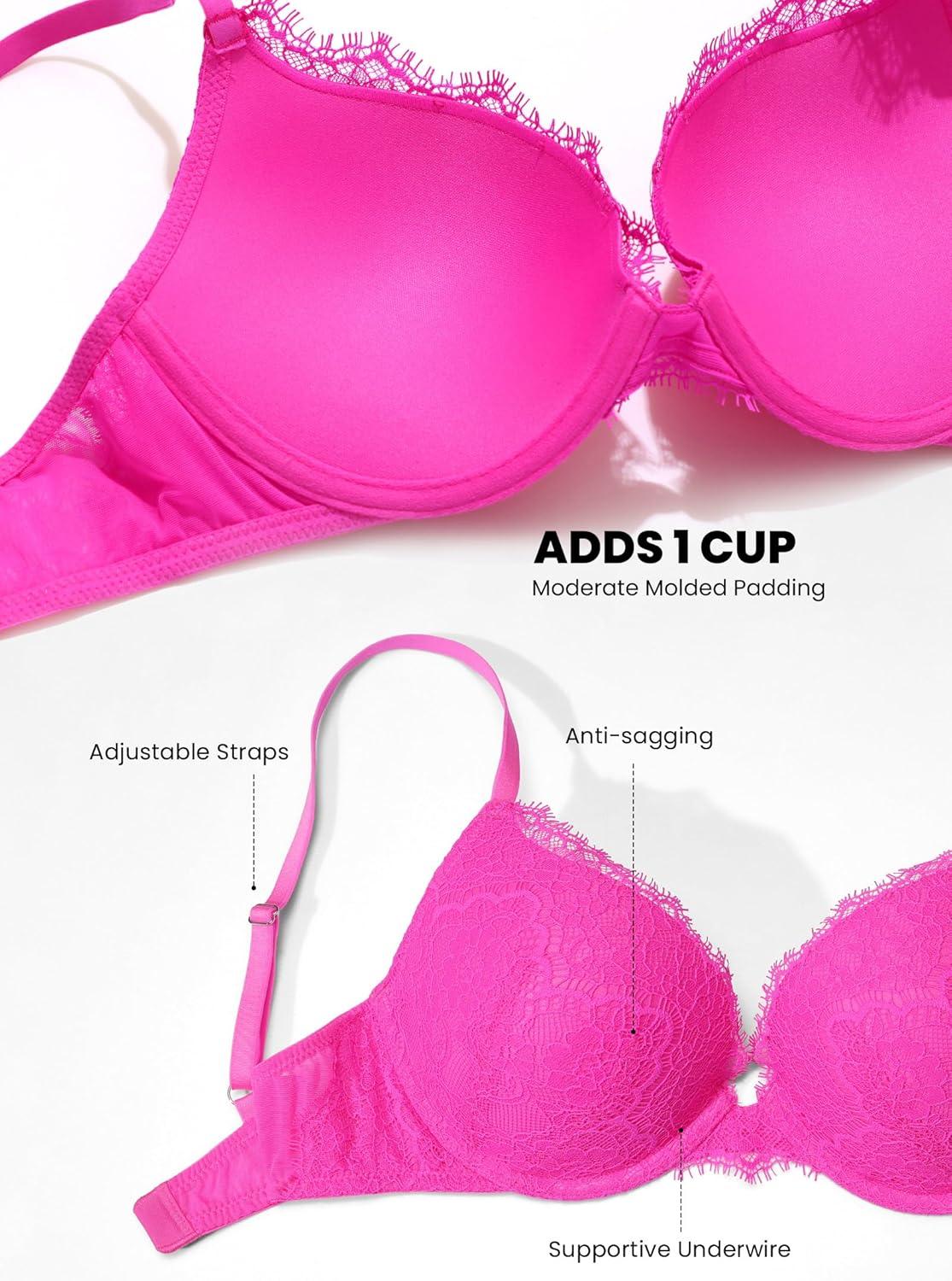 imageDOBREVA Womens Push Up Bra Eyelash Lace Sexy Cleavage Underwire Support Plunge BrasBright Fuchsia