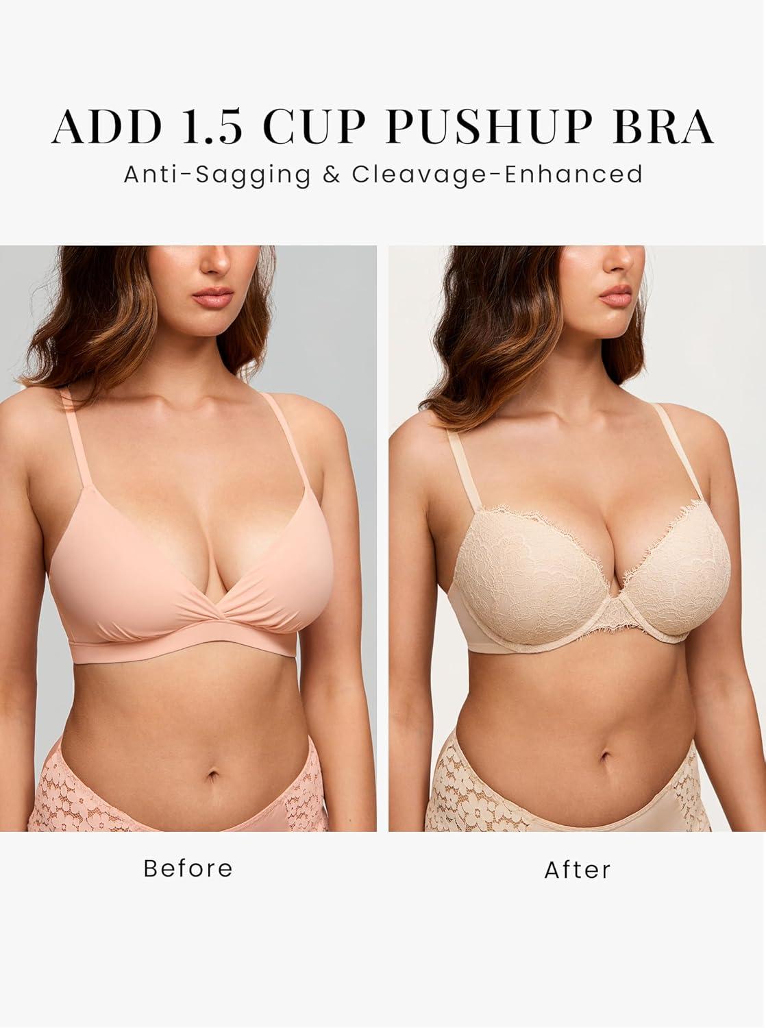 imageDOBREVA Womens Push Up Bra Lace Full Coverage Plunge Padded Support Underwire Bras Add 15 CupBeige