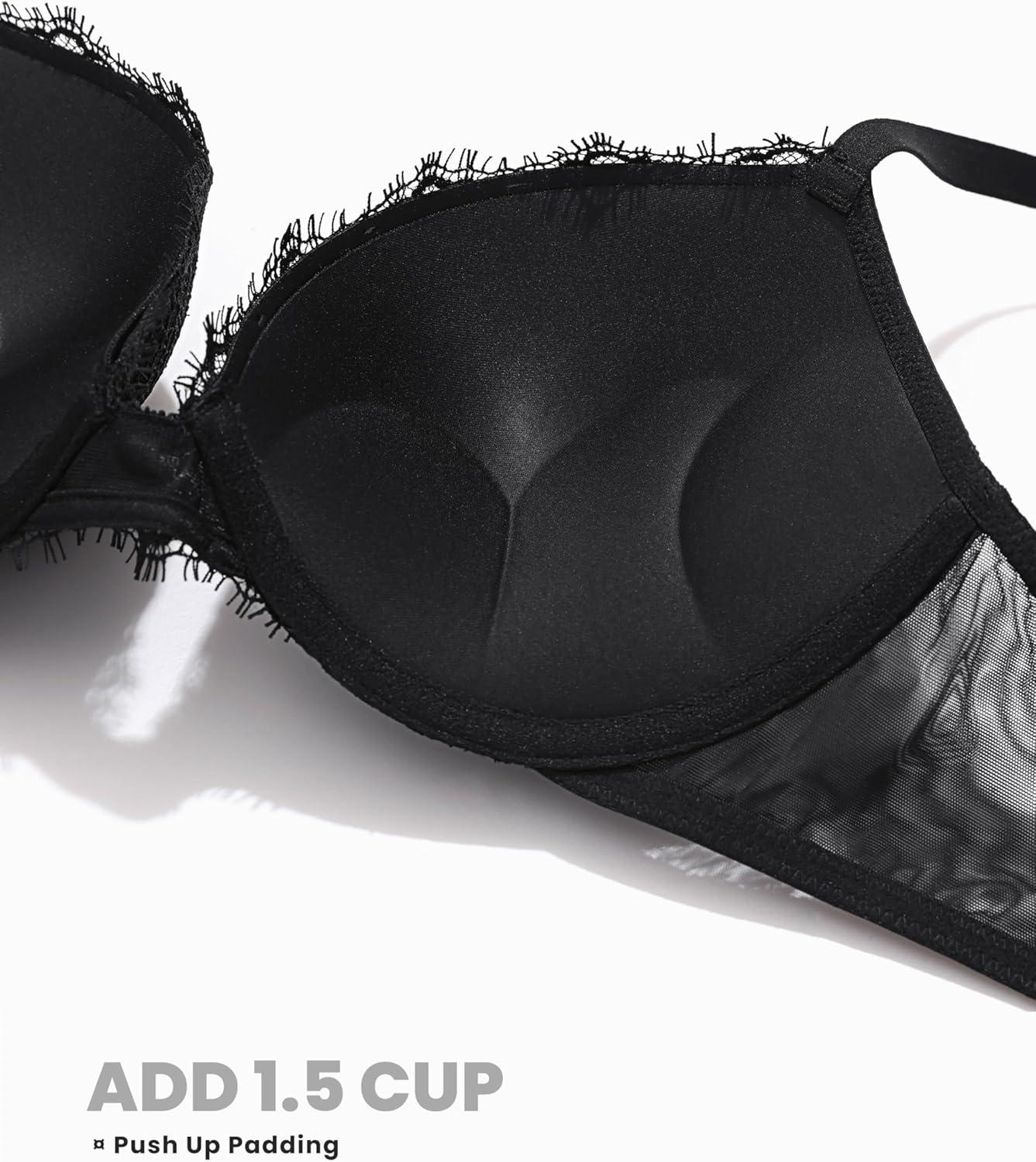 imageDOBREVA Womens Push Up Bra Lace Full Coverage Plunge Padded Support Underwire Bras Add 15 CupBlack