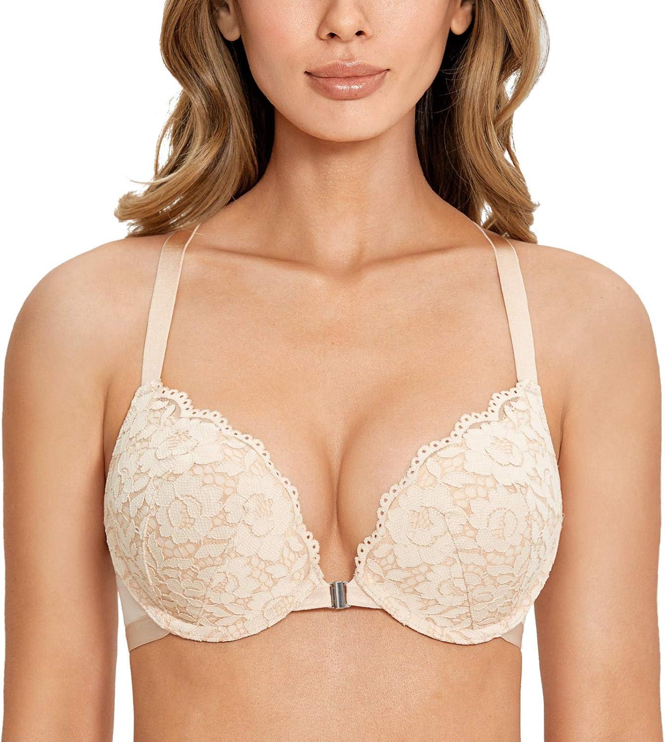 imageDOBREVA Womens Push Up Bra Racerback Front Closure Bras Lace Padded Underwire Plunge FloralBeige