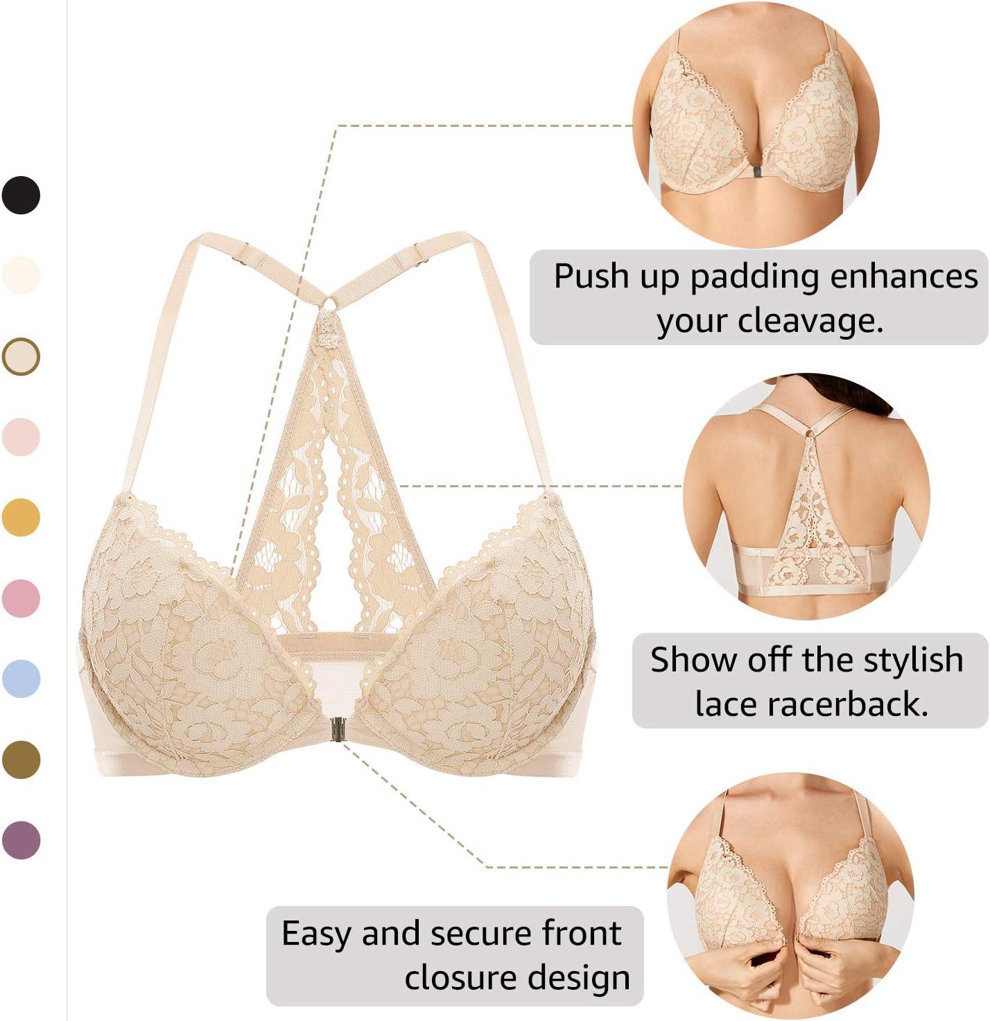 imageDOBREVA Womens Push Up Bra Racerback Front Closure Bras Lace Padded Underwire Plunge FloralBeige