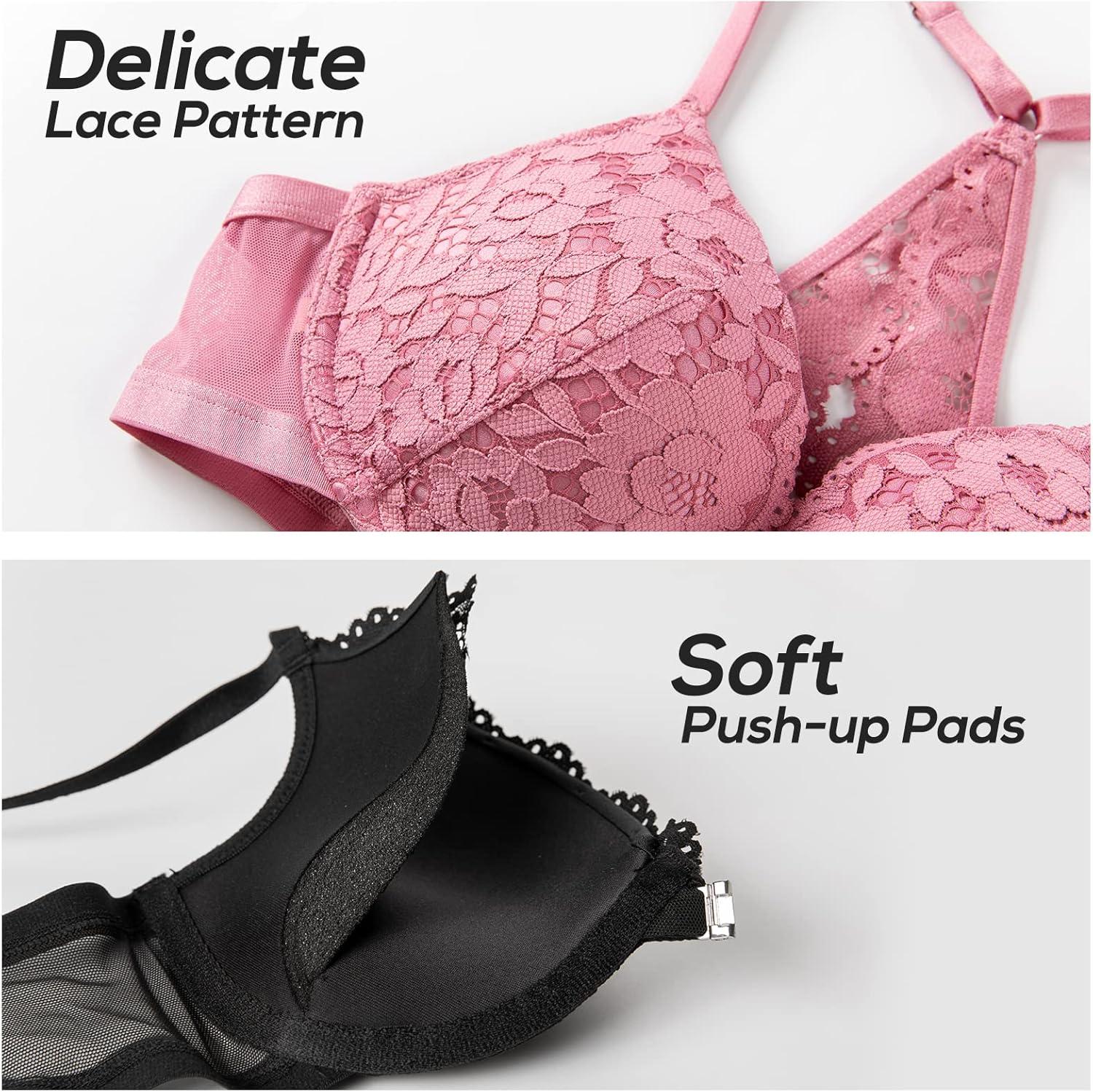 imageDOBREVA Womens Push Up Bra Racerback Front Closure Bras Lace Padded Underwire Plunge FloralBlack