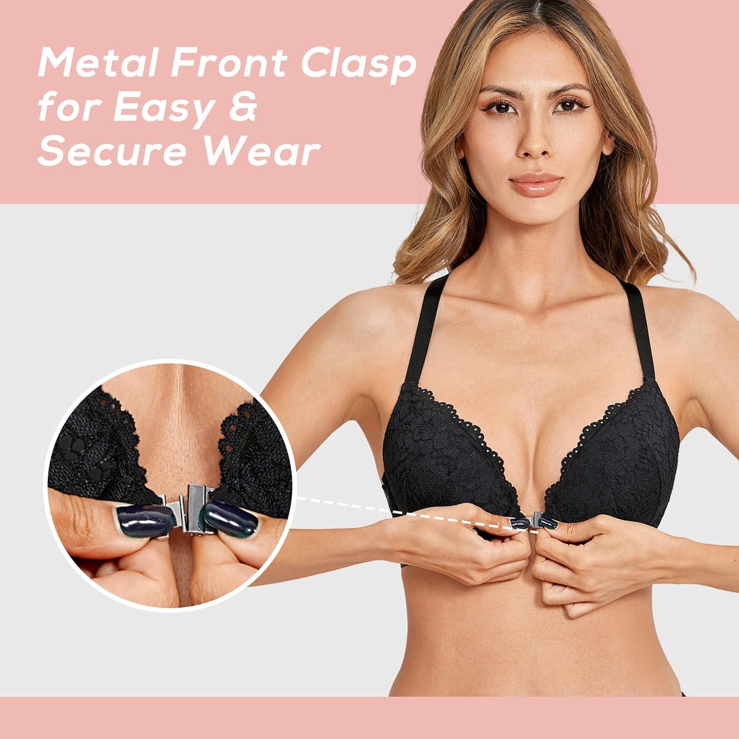 imageDOBREVA Womens Push Up Bra Racerback Front Closure Bras Lace Padded Underwire Plunge FloralBlack