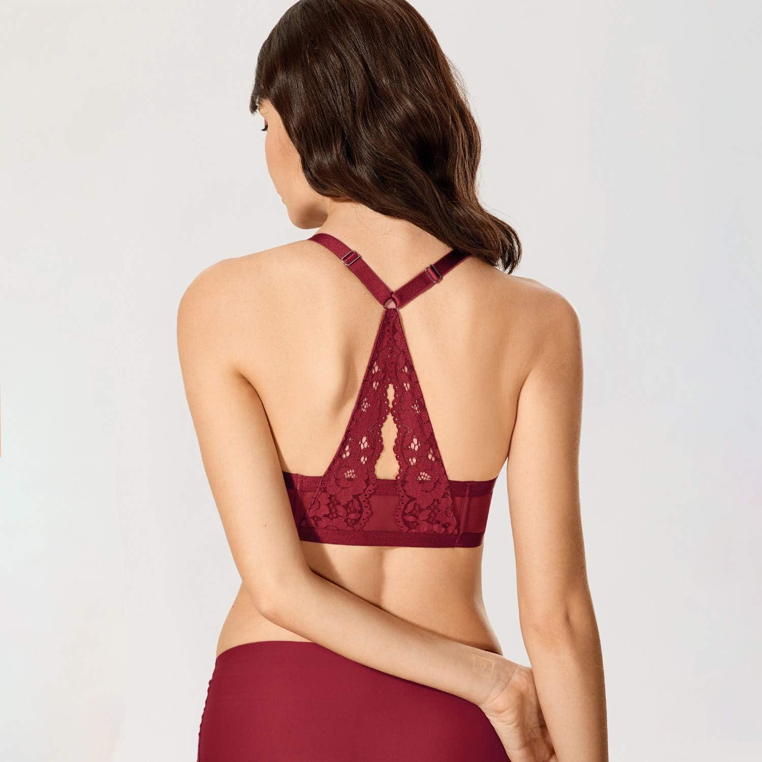 imageDOBREVA Womens Push Up Bra Racerback Front Closure Bras Lace Padded Underwire Plunge FloralCerise