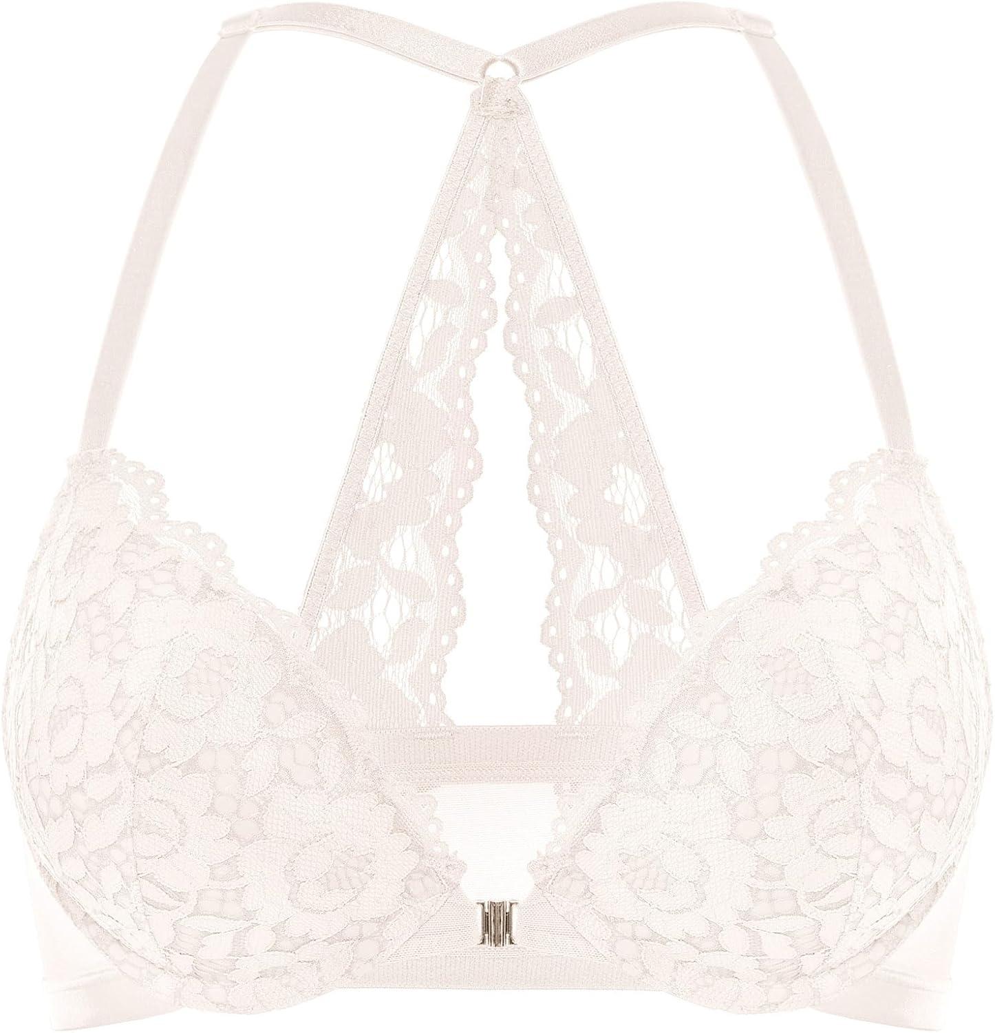 imageDOBREVA Womens Push Up Bra Racerback Front Closure Bras Lace Padded Underwire Plunge FloralCoconut White