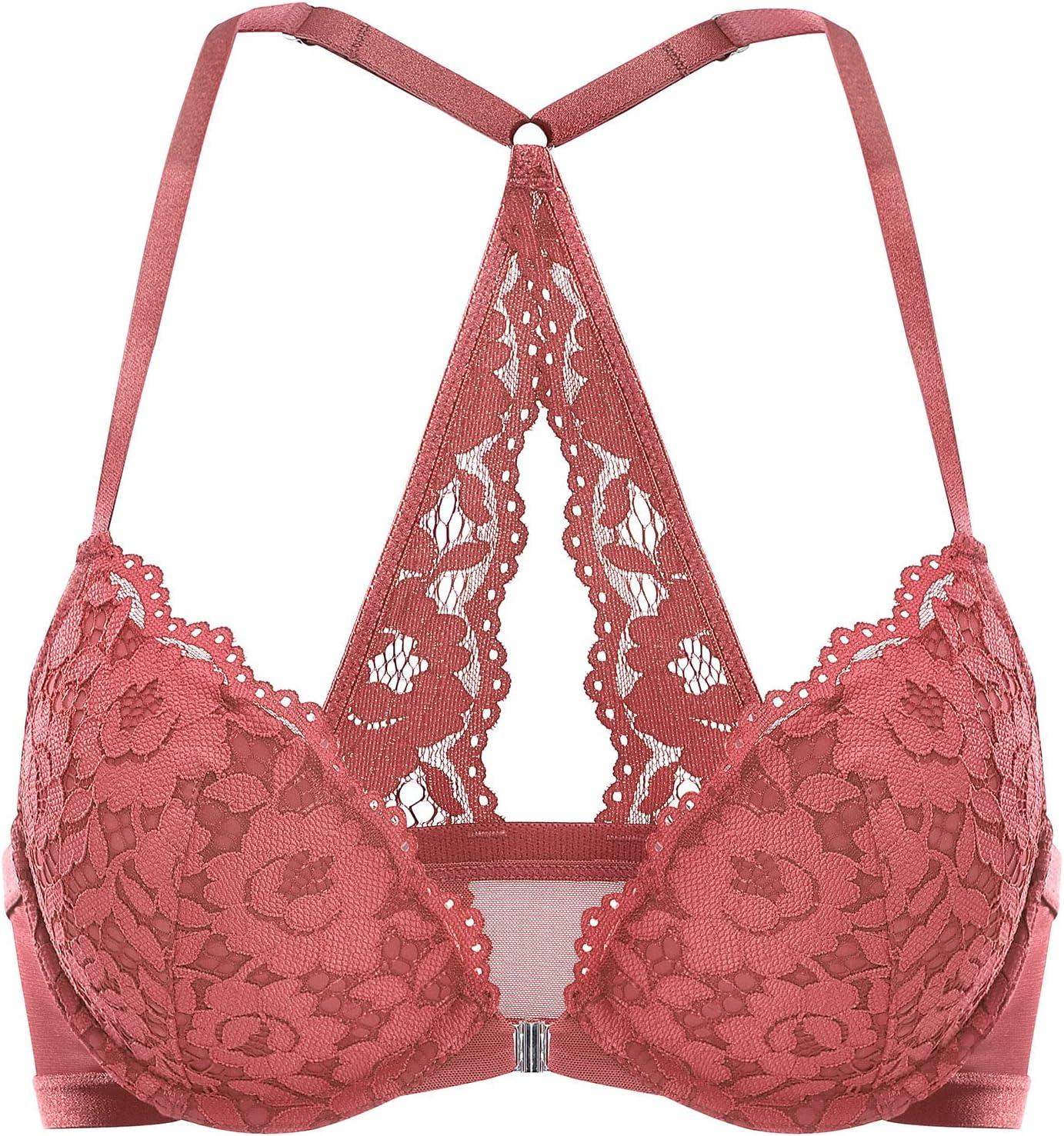 imageDOBREVA Womens Push Up Bra Racerback Front Closure Bras Lace Padded Underwire Plunge FloralCrabapple