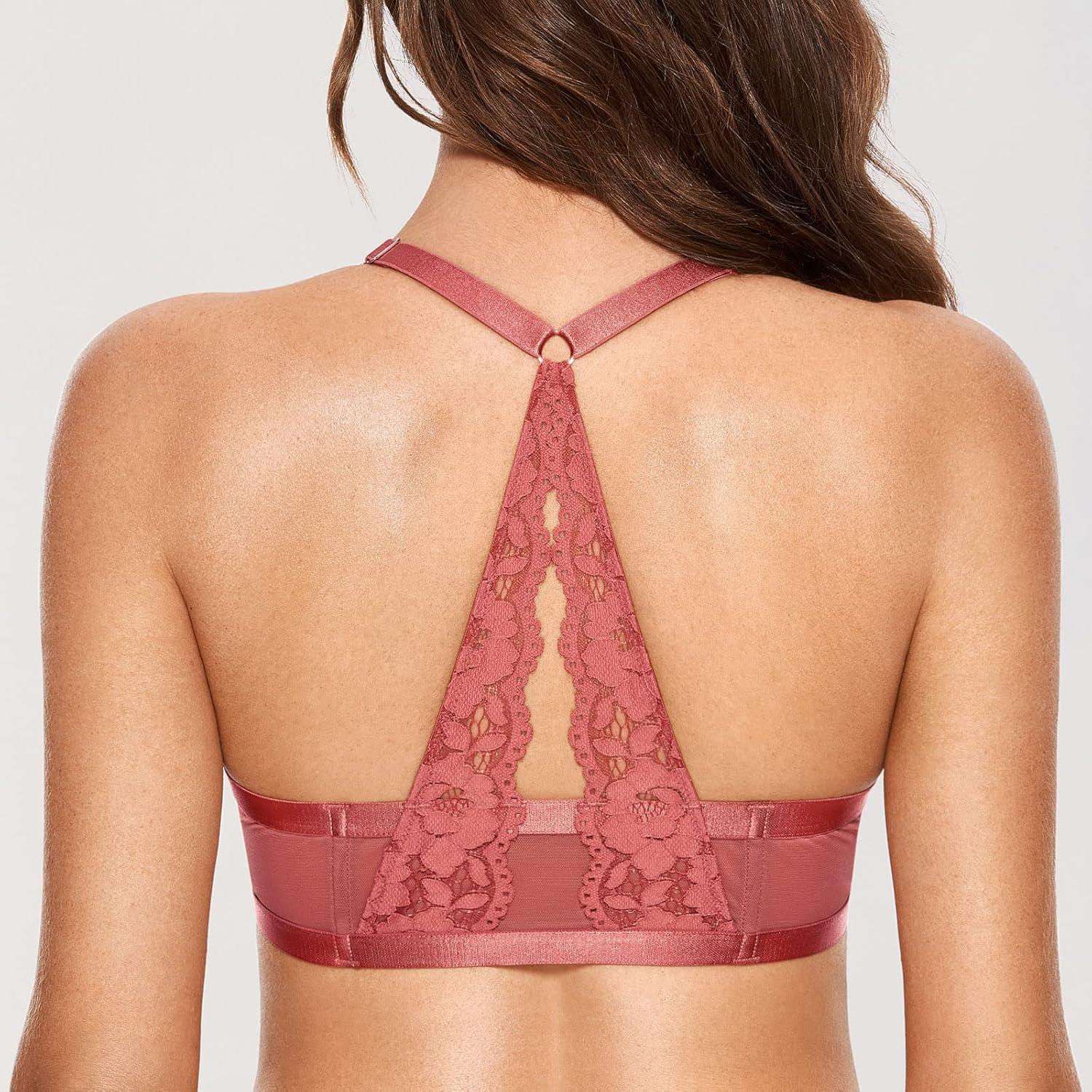 imageDOBREVA Womens Push Up Bra Racerback Front Closure Bras Lace Padded Underwire Plunge FloralCrabapple