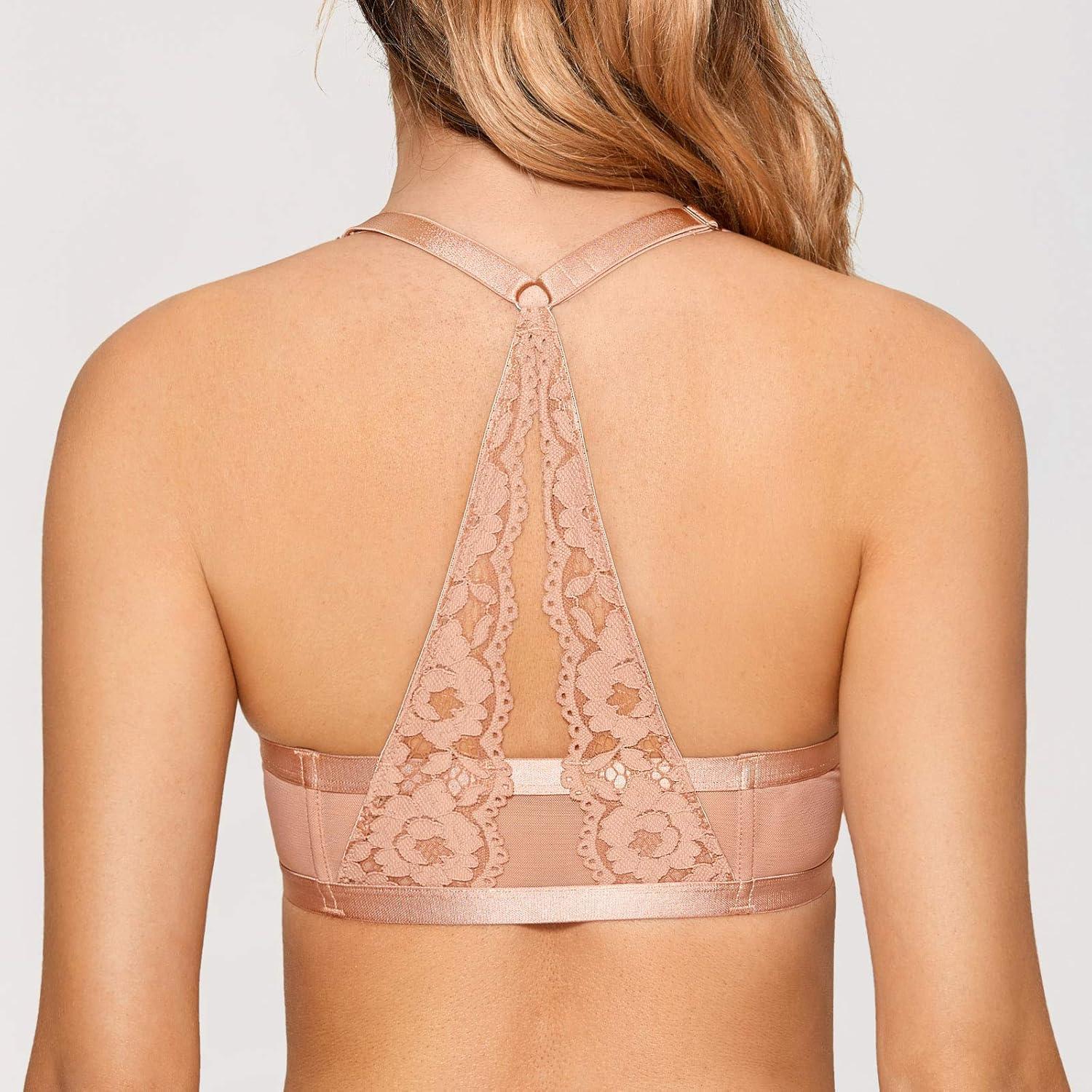imageDOBREVA Womens Push Up Bra Racerback Front Closure Bras Lace Padded Underwire Plunge FloralCream Coffee