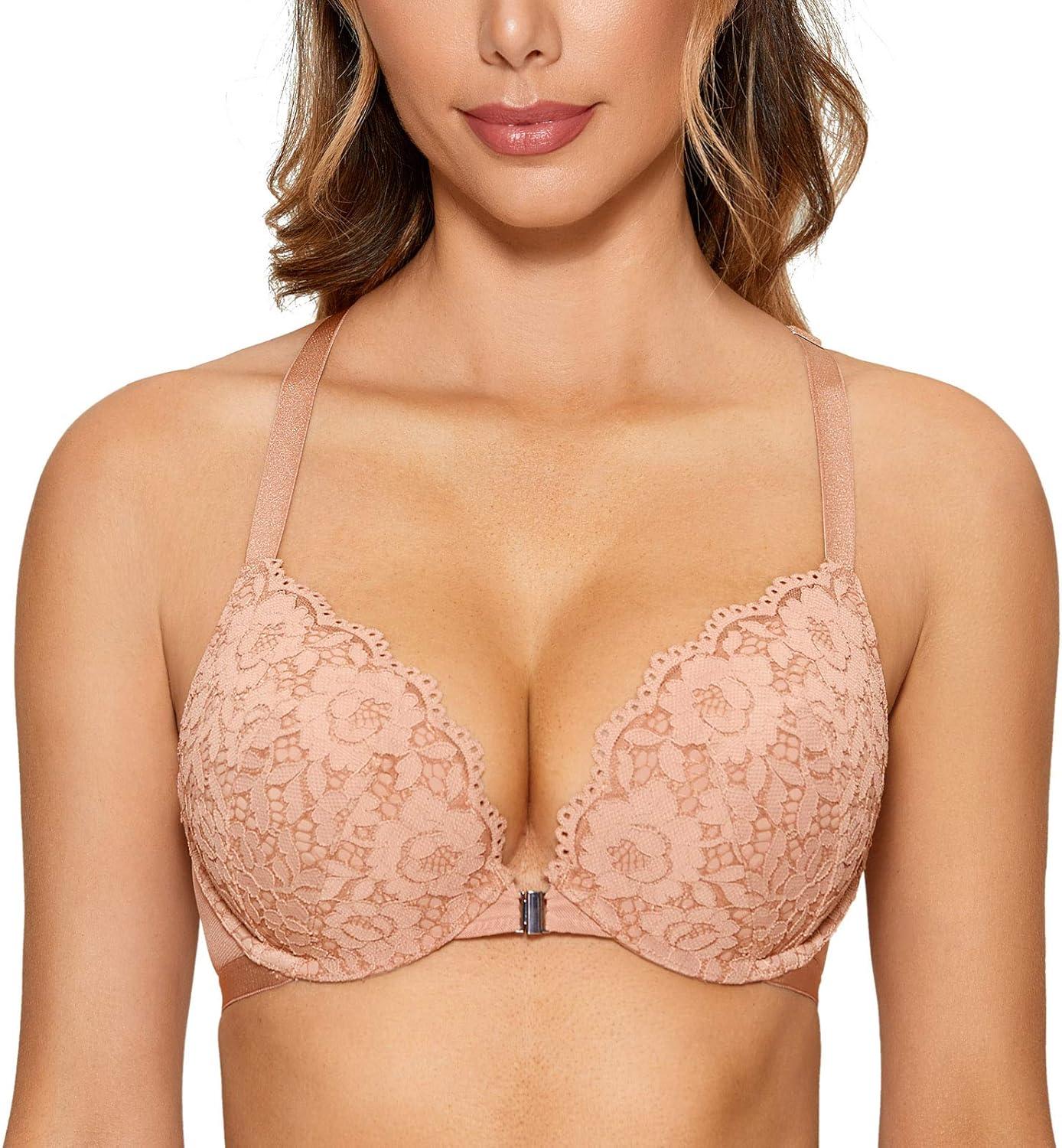 imageDOBREVA Womens Push Up Bra Racerback Front Closure Bras Lace Padded Underwire Plunge FloralCream Coffee