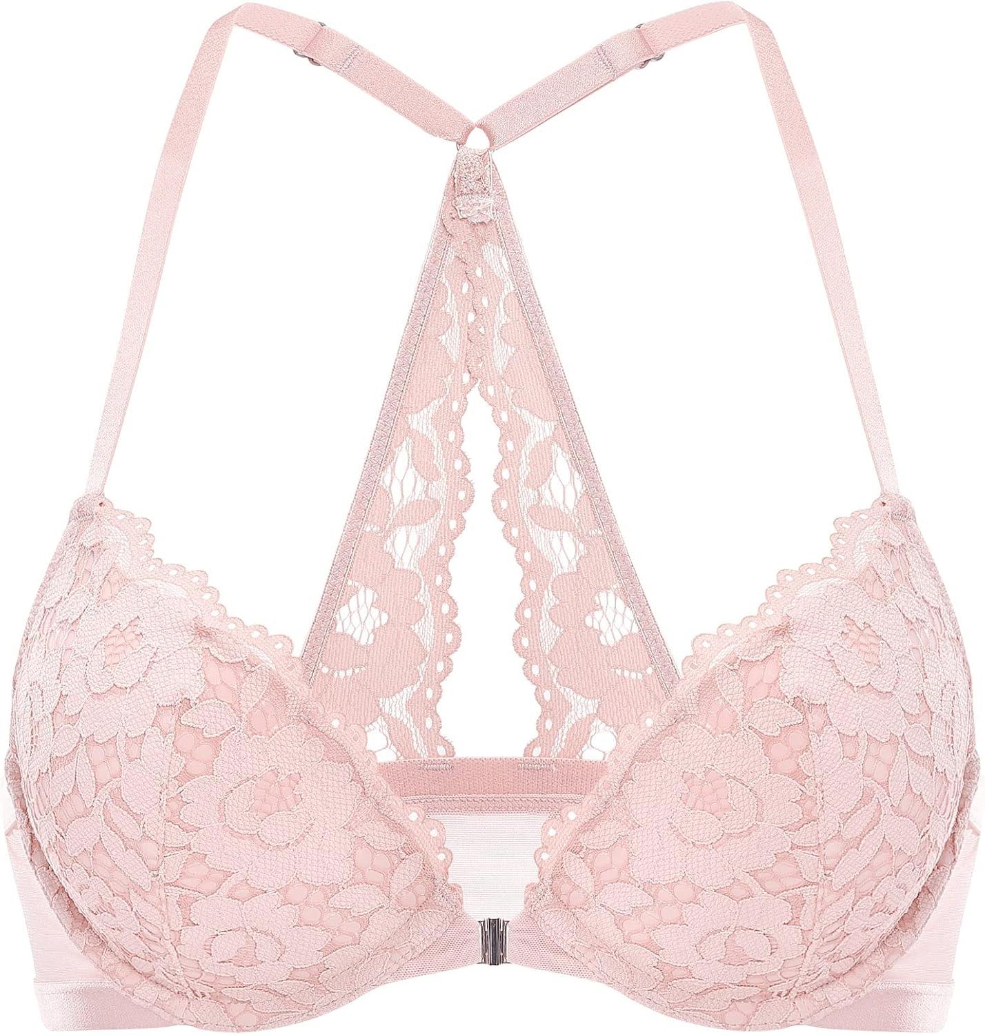 imageDOBREVA Womens Push Up Bra Racerback Front Closure Bras Lace Padded Underwire Plunge FloralGentle Rose