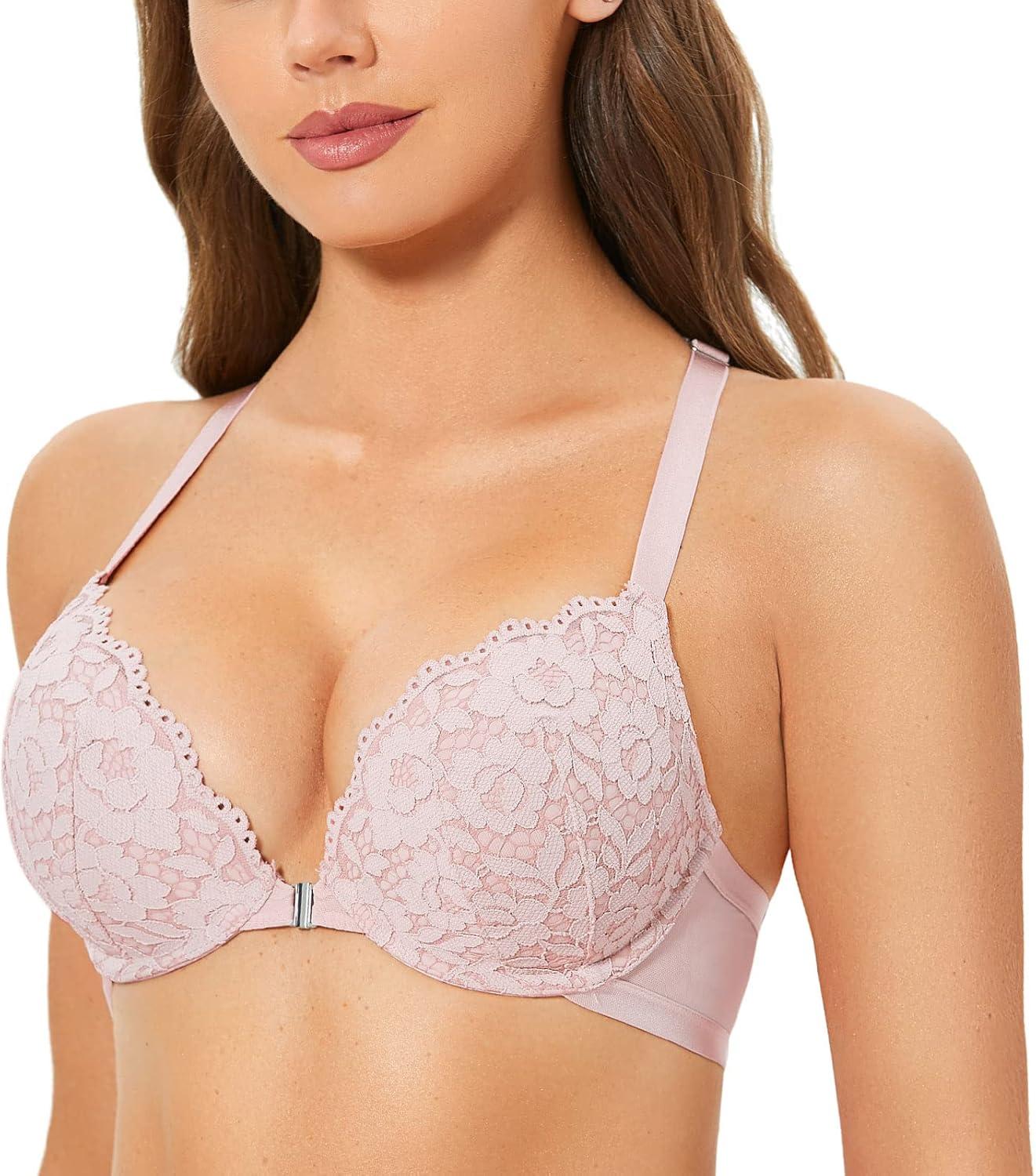 imageDOBREVA Womens Push Up Bra Racerback Front Closure Bras Lace Padded Underwire Plunge FloralGentle Rose