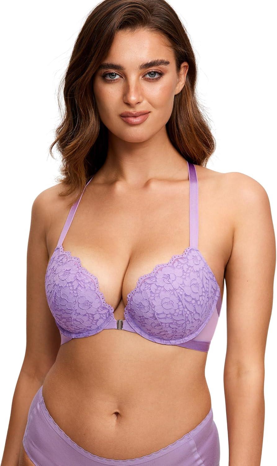 imageDOBREVA Womens Push Up Bra Racerback Front Closure Bras Lace Padded Underwire Plunge FloralLilac