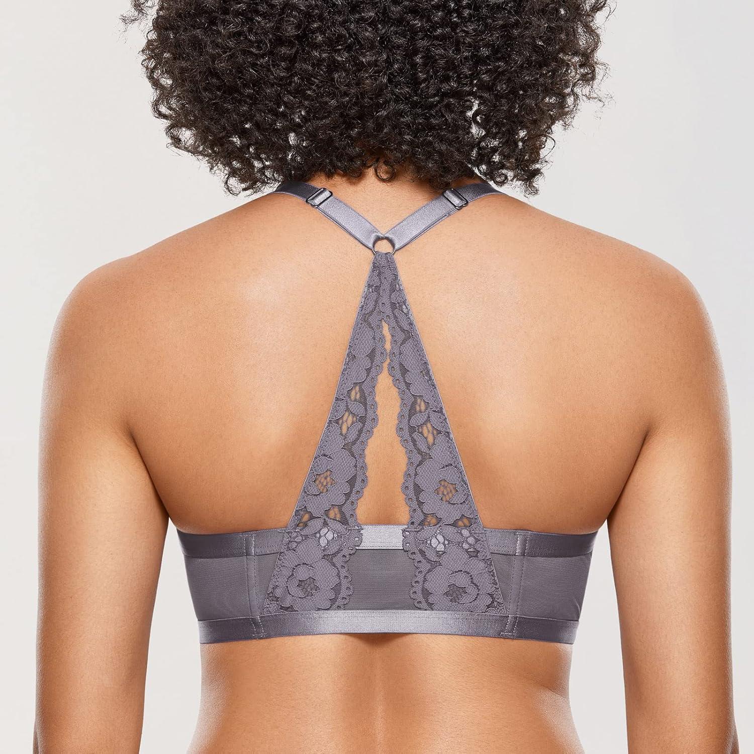 imageDOBREVA Womens Push Up Bra Racerback Front Closure Bras Lace Padded Underwire Plunge FloralNine Iron