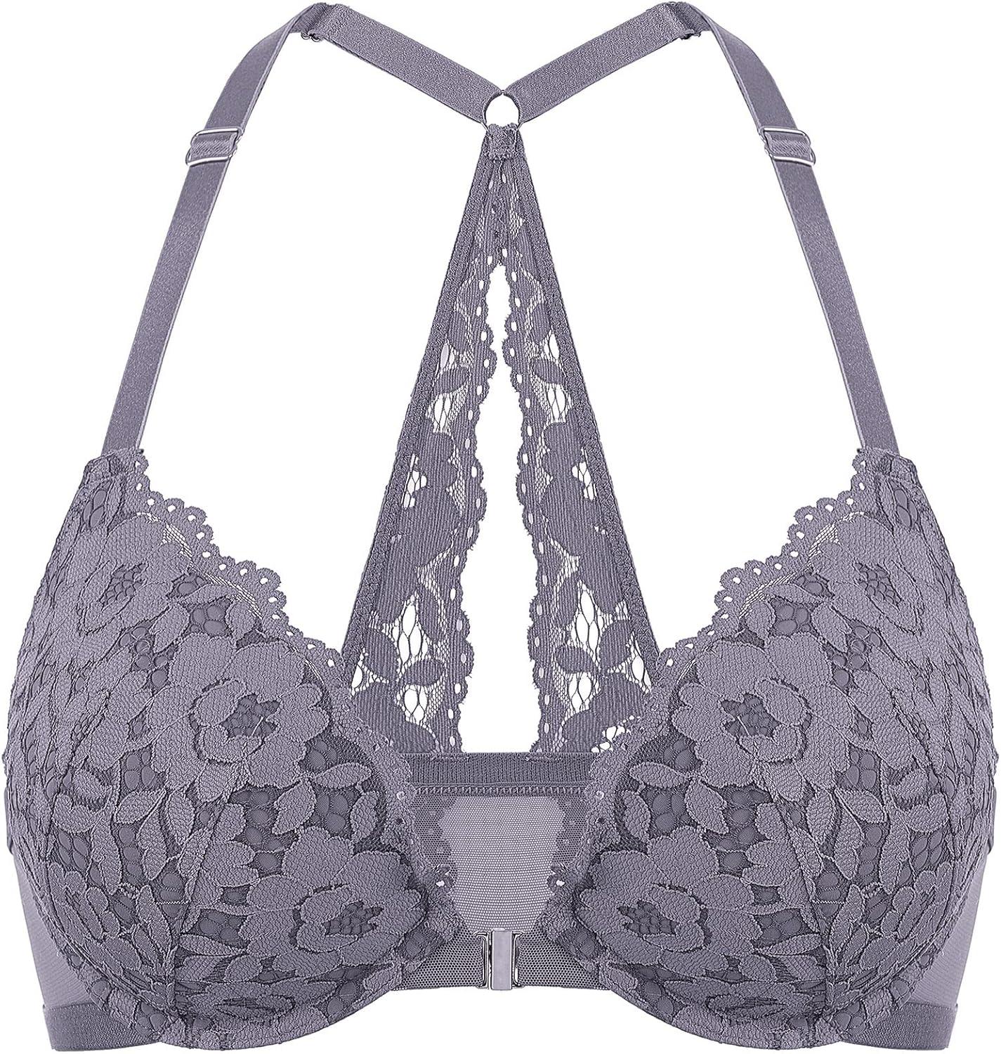 imageDOBREVA Womens Push Up Bra Racerback Front Closure Bras Lace Padded Underwire Plunge FloralNine Iron