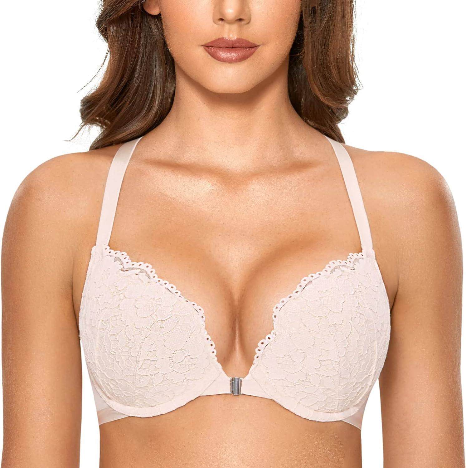imageDOBREVA Womens Push Up Bra Racerback Front Closure Bras Lace Padded Underwire Plunge FloralRose White