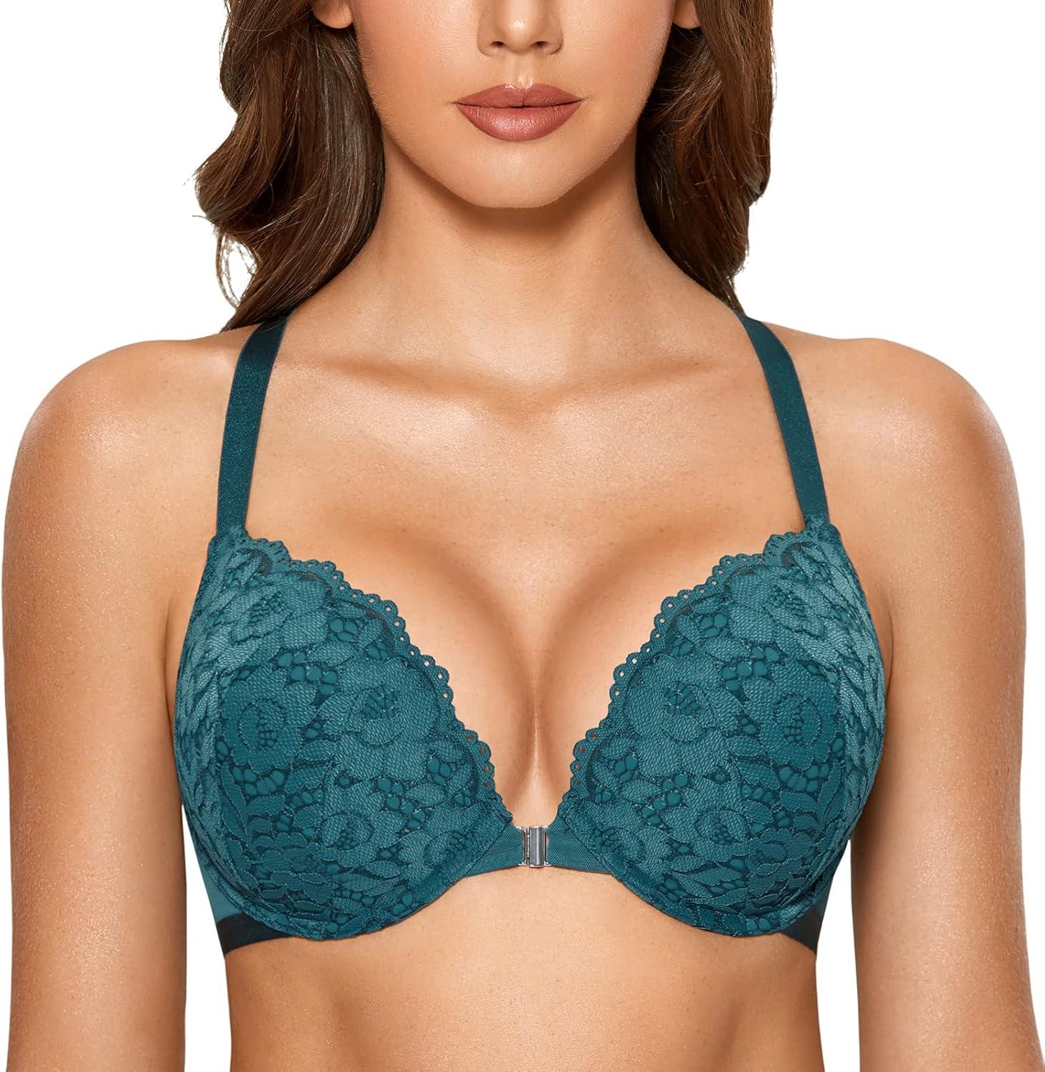 imageDOBREVA Womens Push Up Bra Racerback Front Closure Bras Lace Padded Underwire Plunge FloralSpruce Green