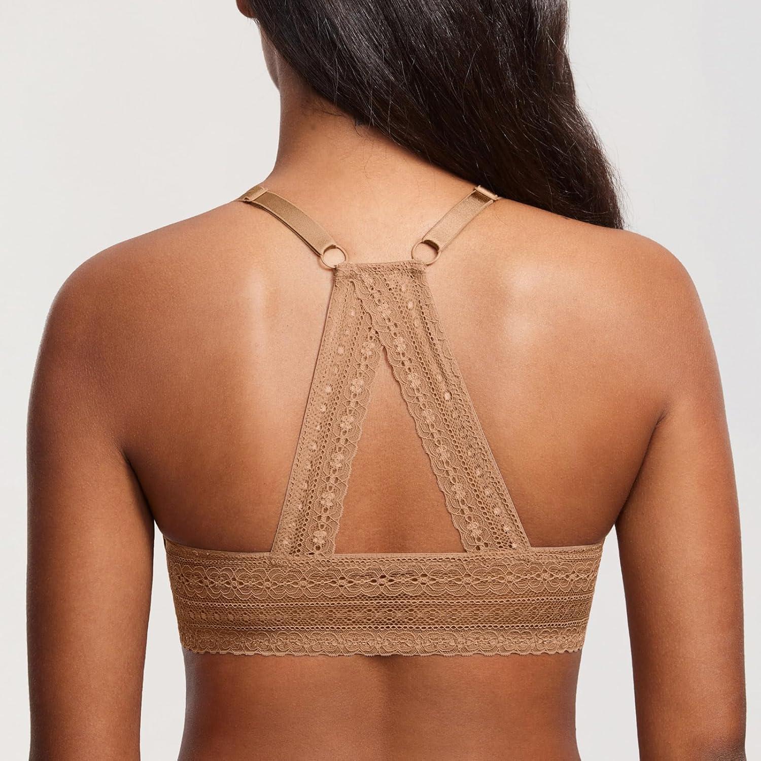 imageDOBREVA Womens Push Up Bra Racerback Front Closure Bras Plunge Underwire Tshirt Padded LaceGravel Beige