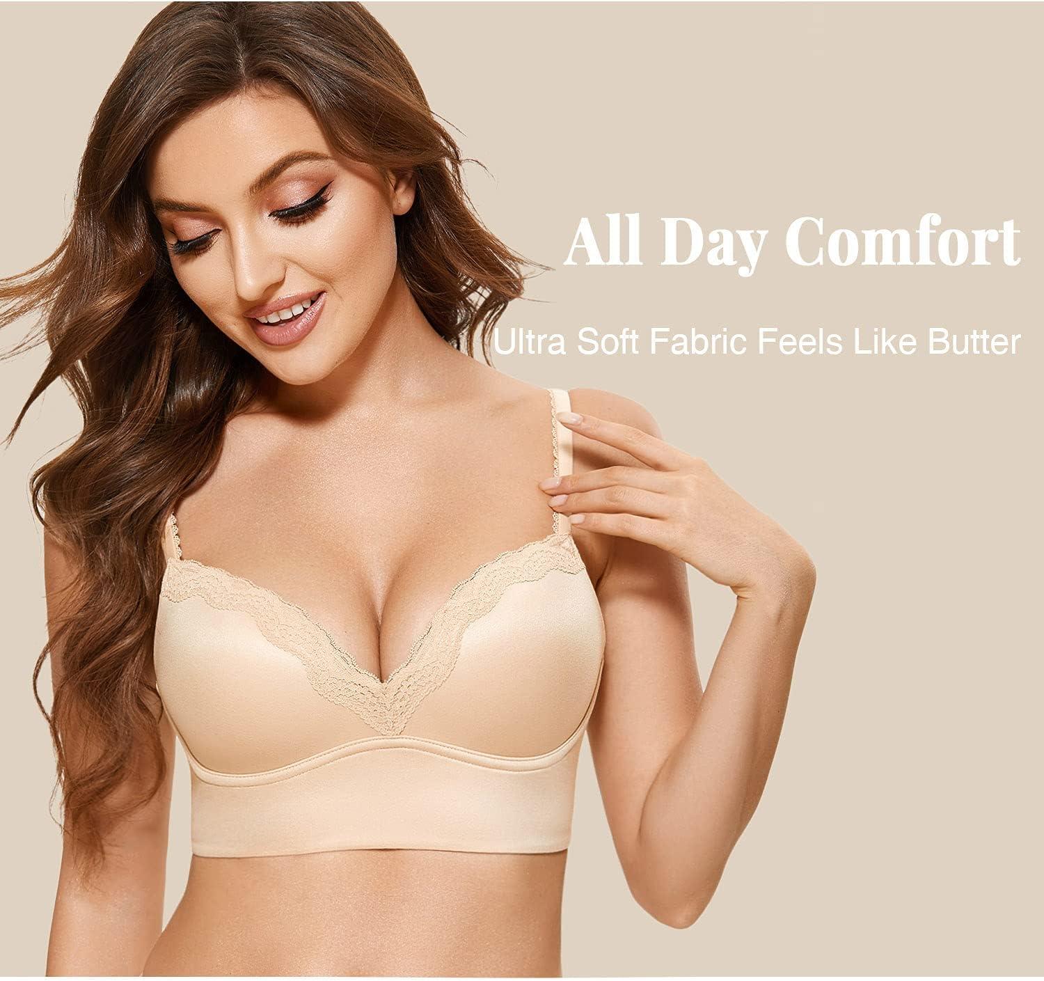 imageDOBREVA Womens Push Up Bra Wireless Padded No Underwire Back Smoothing Bralettes Sports BrasBeige