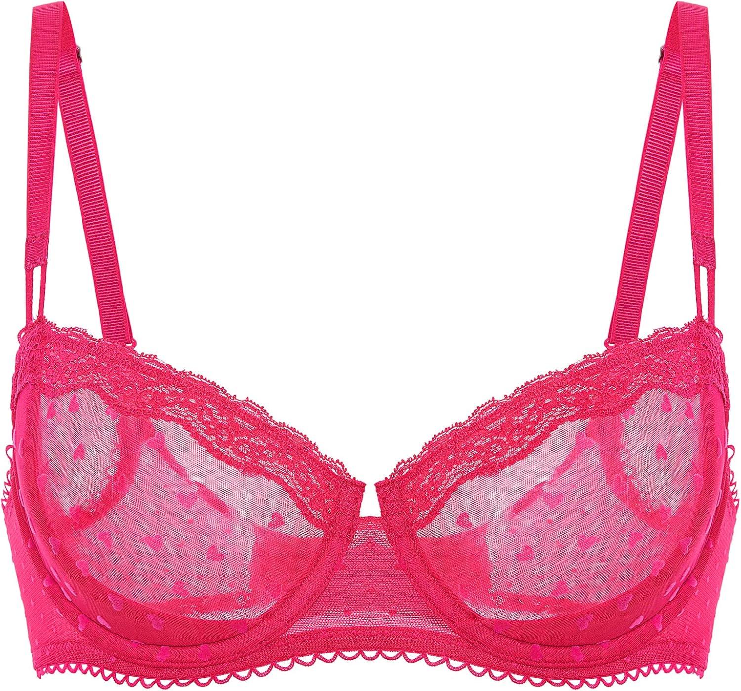 imageDOBREVA Womens Sexy Lace Bra Underwire Balconette Unlined Demi Sheer See Through Plus SizeBright Rose Dots
