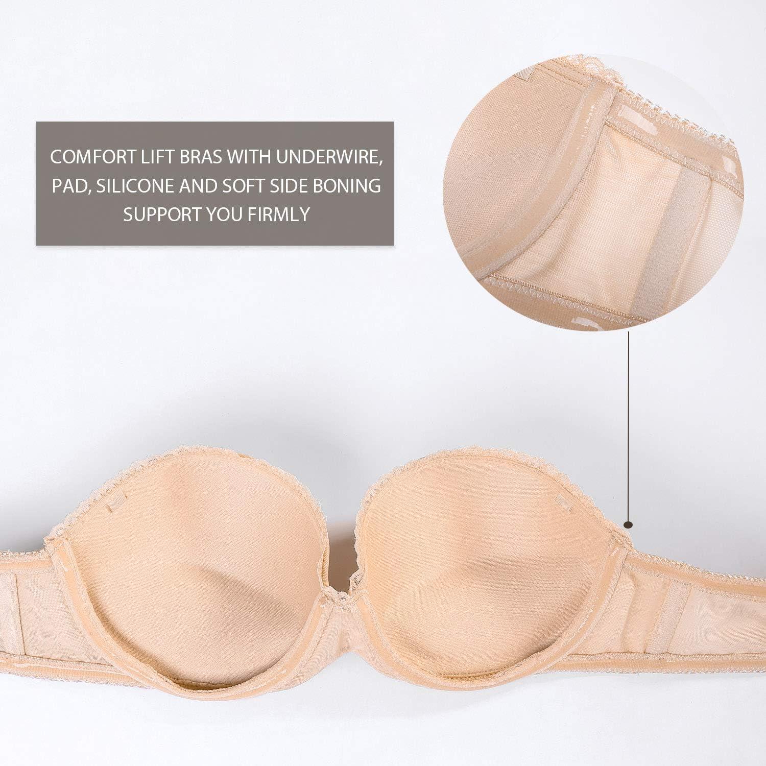 imageDOBREVA Womens Strapless Push Up Bra Plus Size Padded Underwire Multiway BandeauBeige