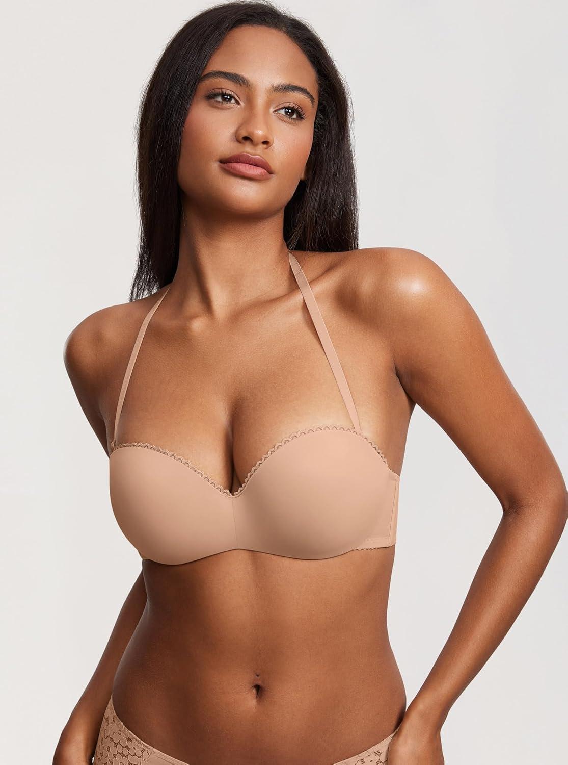 imageDOBREVA Womens Strapless Push Up Bra Plus Size Padded Underwire Multiway BandeauNatural