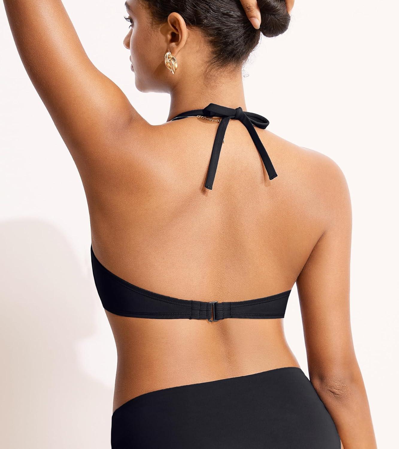 imageDOBREVA Womens Underwire Bandeau Bikini Top Sexy Strapless Bathing Suit Tops Halter Swimwear Bra SizesBlack