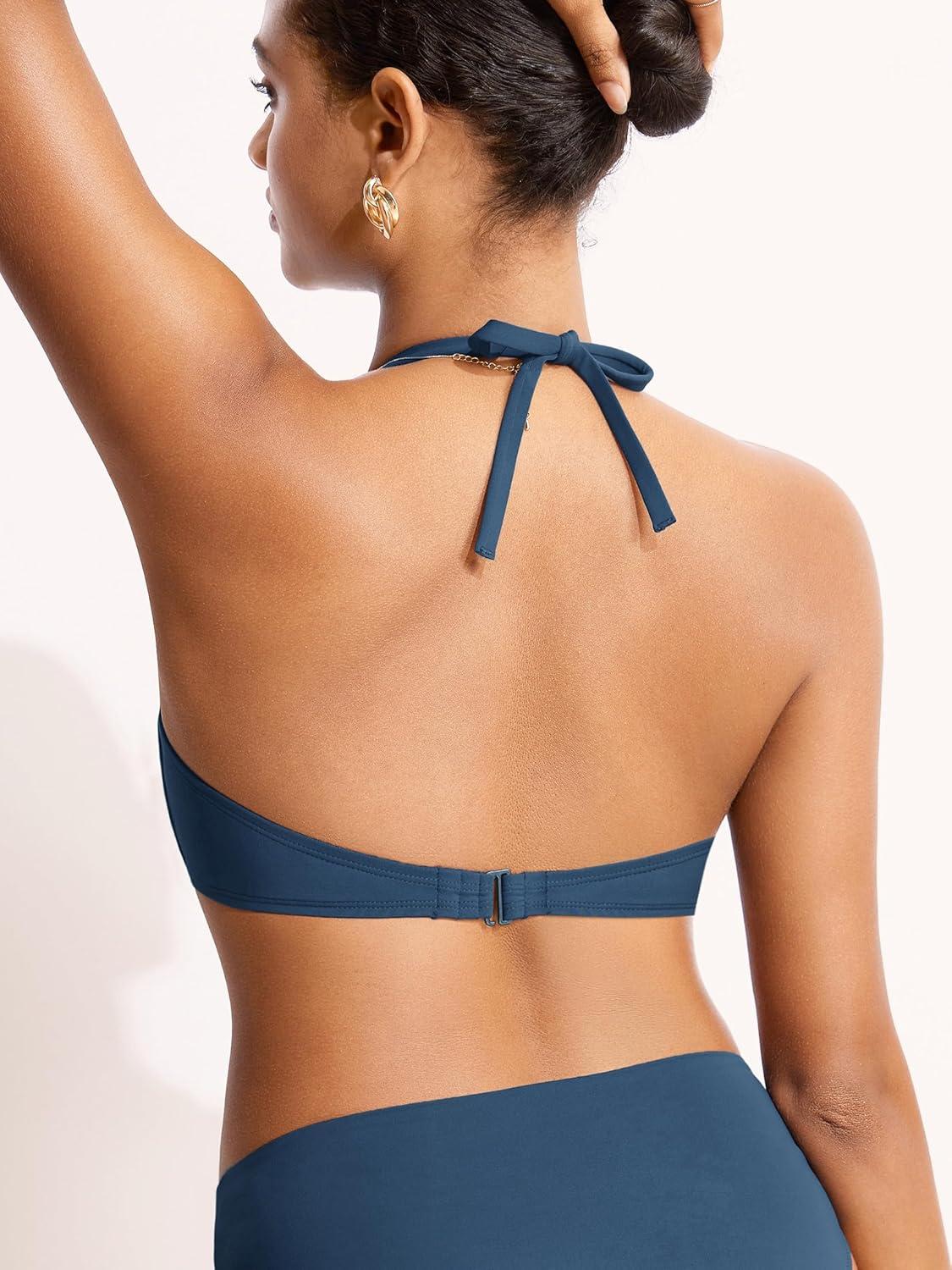 imageDOBREVA Womens Underwire Bandeau Bikini Top Sexy Strapless Bathing Suit Tops Halter Swimwear Bra SizesInsignia Blue