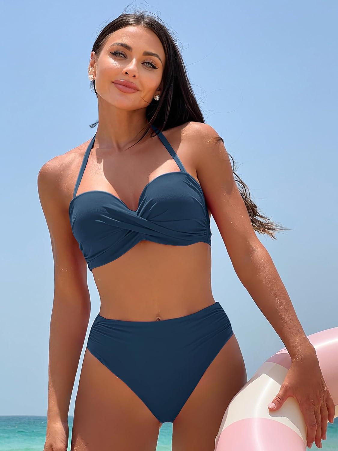 imageDOBREVA Womens Underwire Bandeau Bikini Top Sexy Strapless Bathing Suit Tops Halter Swimwear Bra SizesInsignia Blue